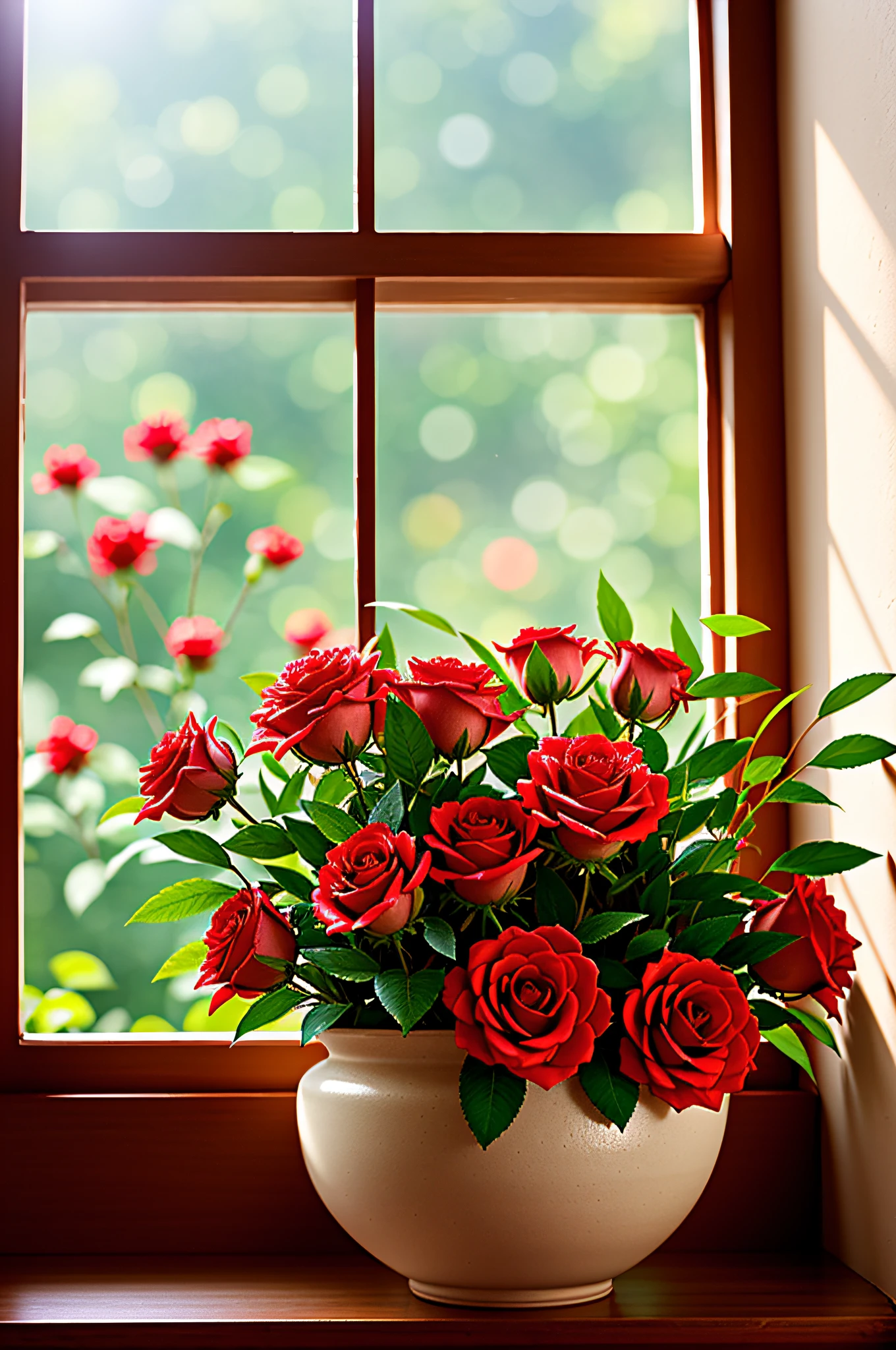 Clay pot, colorful roses, by the window, sunlight coming in, blank background, lots of details, high quality, 8k,