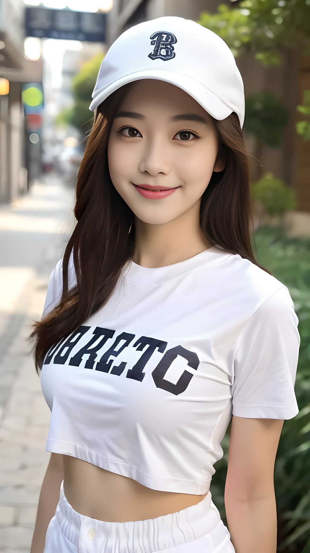 ((Best Quality, 8K, Masterpiece: 1.3)), (Baseball Cap: 1.3), Focus: 1.2, Perfect Body Beauty: 1.4, Buttocks: 1.2, (Layered Haircut: 1.2), (Dark Street: 1.3), Highly Detailed Face and Skin Texture, Full Body, Fine Eyes, Double Eyelids, Whitened Skin, Long Hair, (Round Face: 1.5), (Short Sleeves, Shorts: 1.6). smile