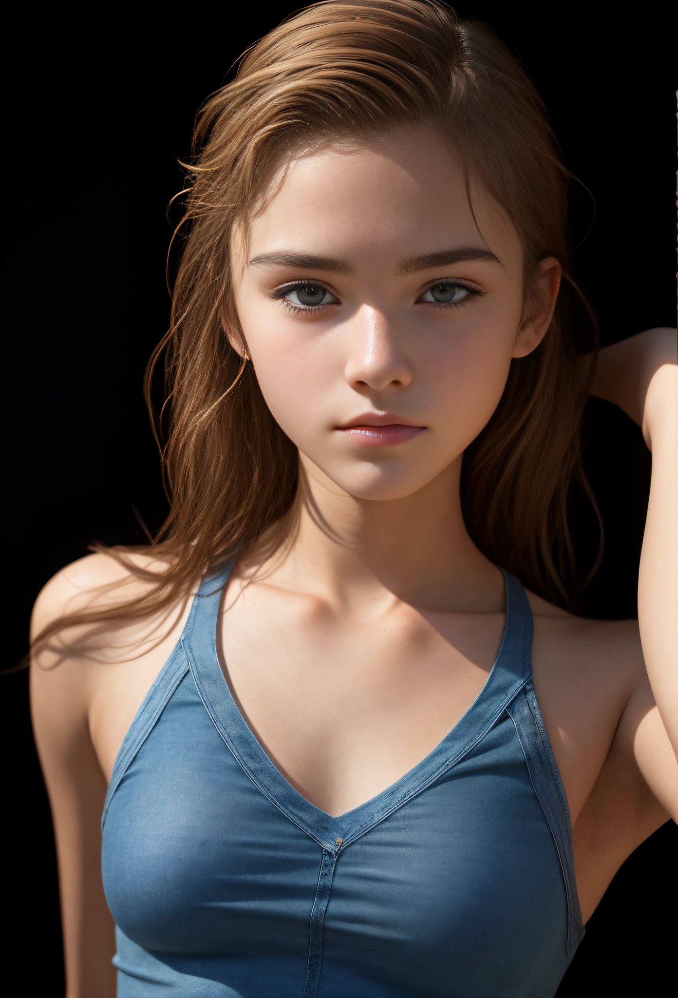 18 year old high school student, sleeveless, upward-eyed, ((slim, petite)), photorealistic, photography, masterpiece, realistic, realism, photorealism, high definition and detailed realistic, detail, skin texture, ultra detail, realistic skin texture, armature, best quality, ultra high definition, (photorealistic:1.4), high resolution, raw photography, lively texture