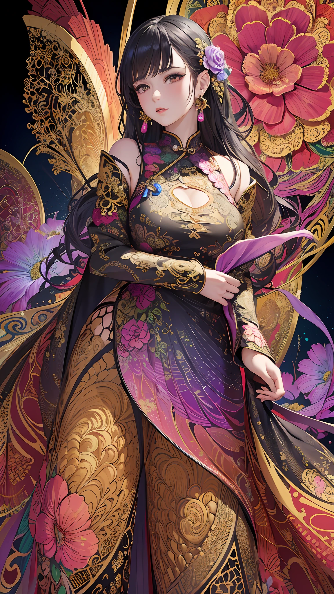(masterpiece, top quality, best quality, official art, beautiful and aesthetic:1.2), (1girl:1.3), extremely detailed,(fractal art:1.1),(colorful:1.1)(flowers:1.3),highest detailed,(zentangle:1.2), (dynamic pose), (abstract background:1.3), (chinese dress:1.2), (shiny skin), (many colors:1.4), ,(earrings:1.4),