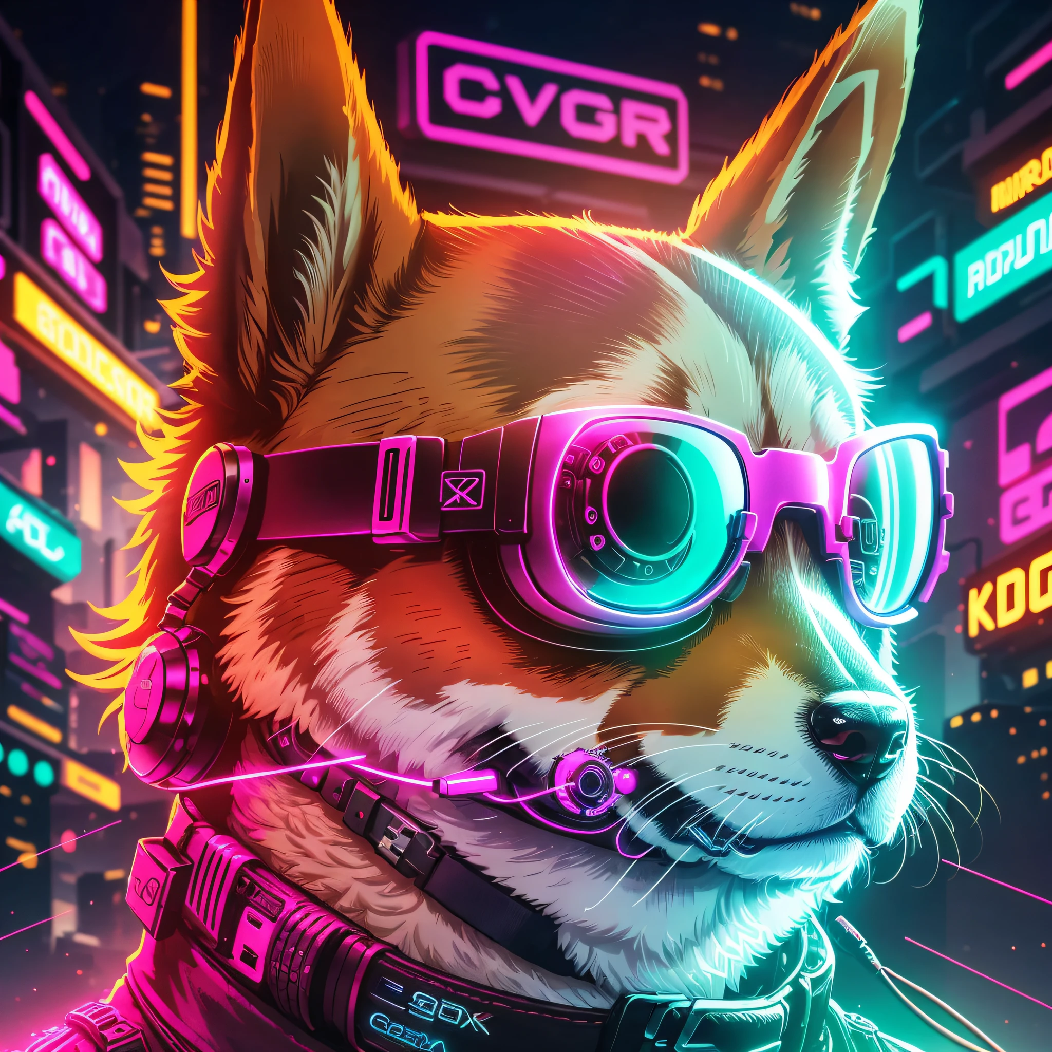 Outstanding, best quality, 8K wallpaper, only close-up of head wearing mechanical device with sunglasses corgi, digital cyberpunk style, neon sign, logo --auto --s2