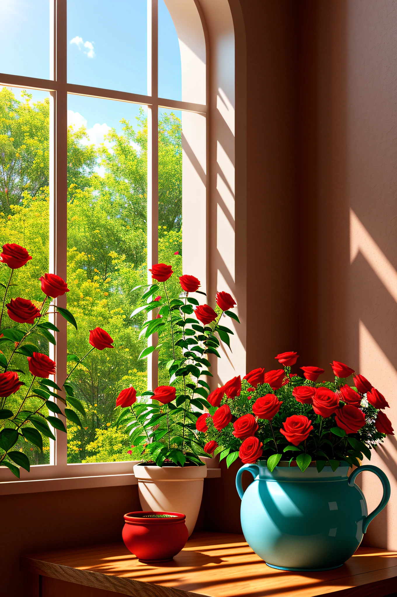 Clay pot, colorful roses, by the window, sunlight coming in, blank background, lots of details, high quality, 8k,