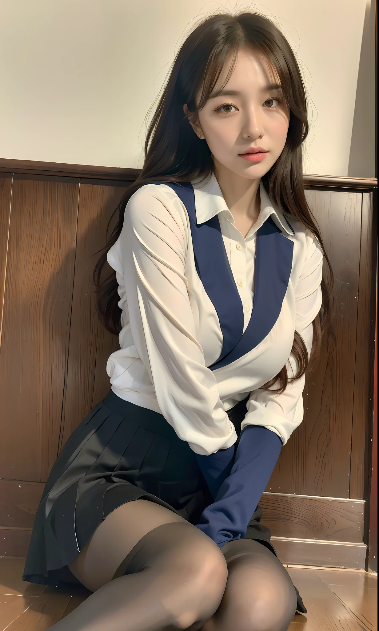 ulzzang-6500-v1.1, (raw photo:1.2), (photorealistic:1.4), beautiful detailed girl, very detailed eyes and face, beautiful detailed eyes, ridiculous, incredibly ridiculous, huge file size, super detailed, high resolution, very detailed, best quality, masterpiece, kemomimi, ((Japanese girls' high school uniform)), illustration, very detailed, CG, unified, 8k wallpaper, amazing, Fine details, masterpiece, best quality, very detailed CG uniform 8k wallpaper, light on face, cinematic lighting, 1girl, , ((no panties)), ((dynamic pose))), (camel toe), (half), (pantyhose), (knee-bending leg sitting))