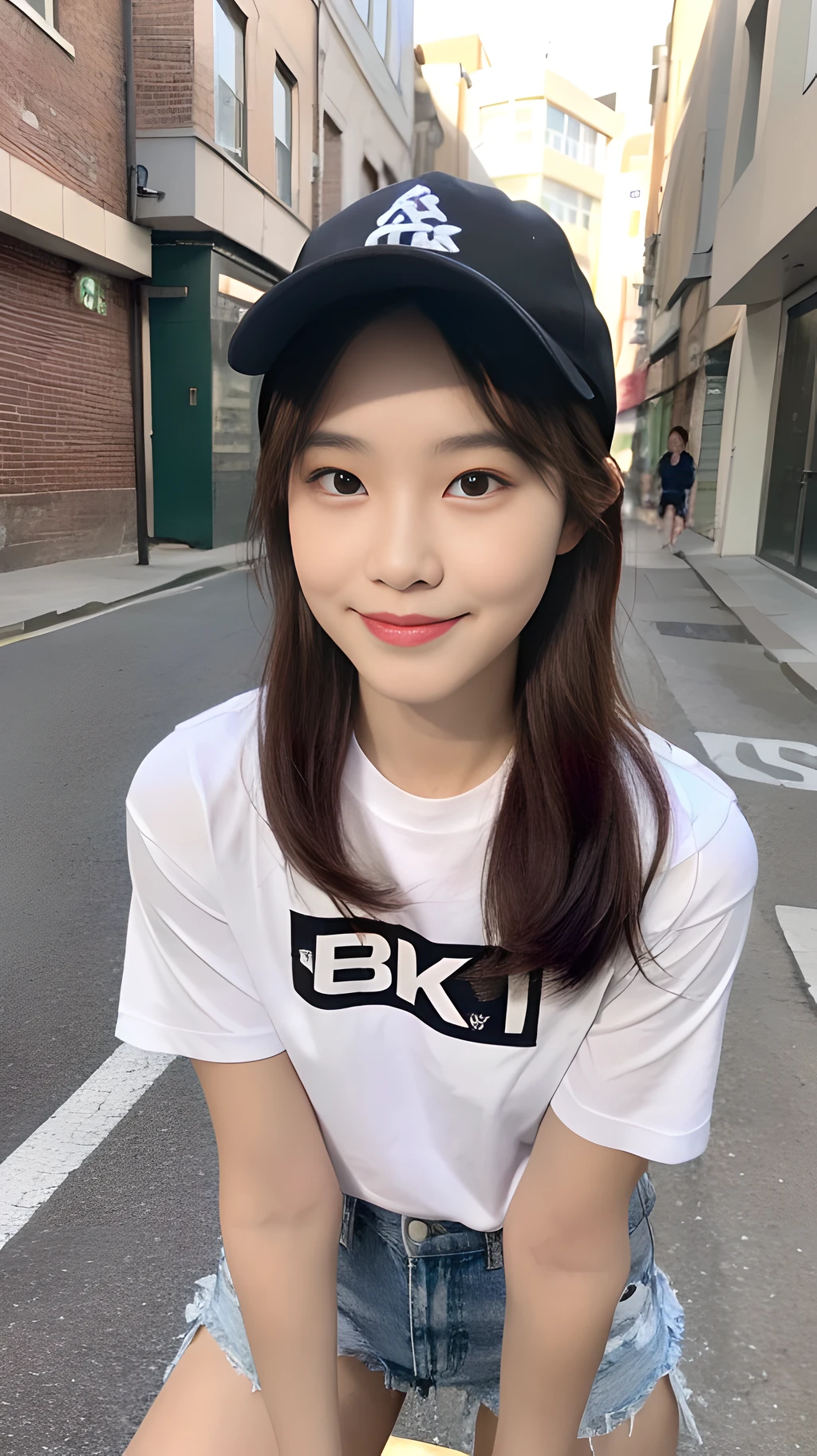 ((Best Quality, 8K, Masterpiece: 1.3)), (Baseball Cap: 1.3), Focus: 1.2, Perfect Body Beauty: 1.4, Buttocks: 1.2, (Layered Haircut: 1.2), (Dark Street: 1.3), Highly Detailed Face and Skin Texture, Full Body, Fine Eyes, Double Eyelids, Whitened Skin, Long Hair, (Round Face: 1.5), (Short Sleeves, Shorts: 1.6). smile