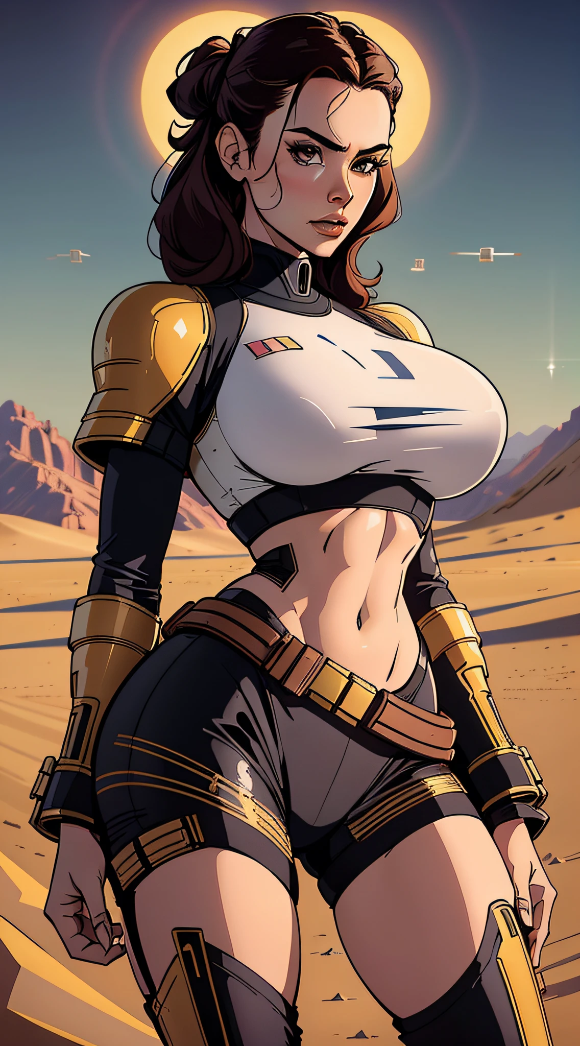 Star Wars poster, a close up of a woman in a imperial army uniform posing for a picture, desert landscape, two suns in the sky, sexy look, tight outfit, sexy body, sexy girl, full body photo shoot, sexy pose, sexy look at the camera, very sexy, tease