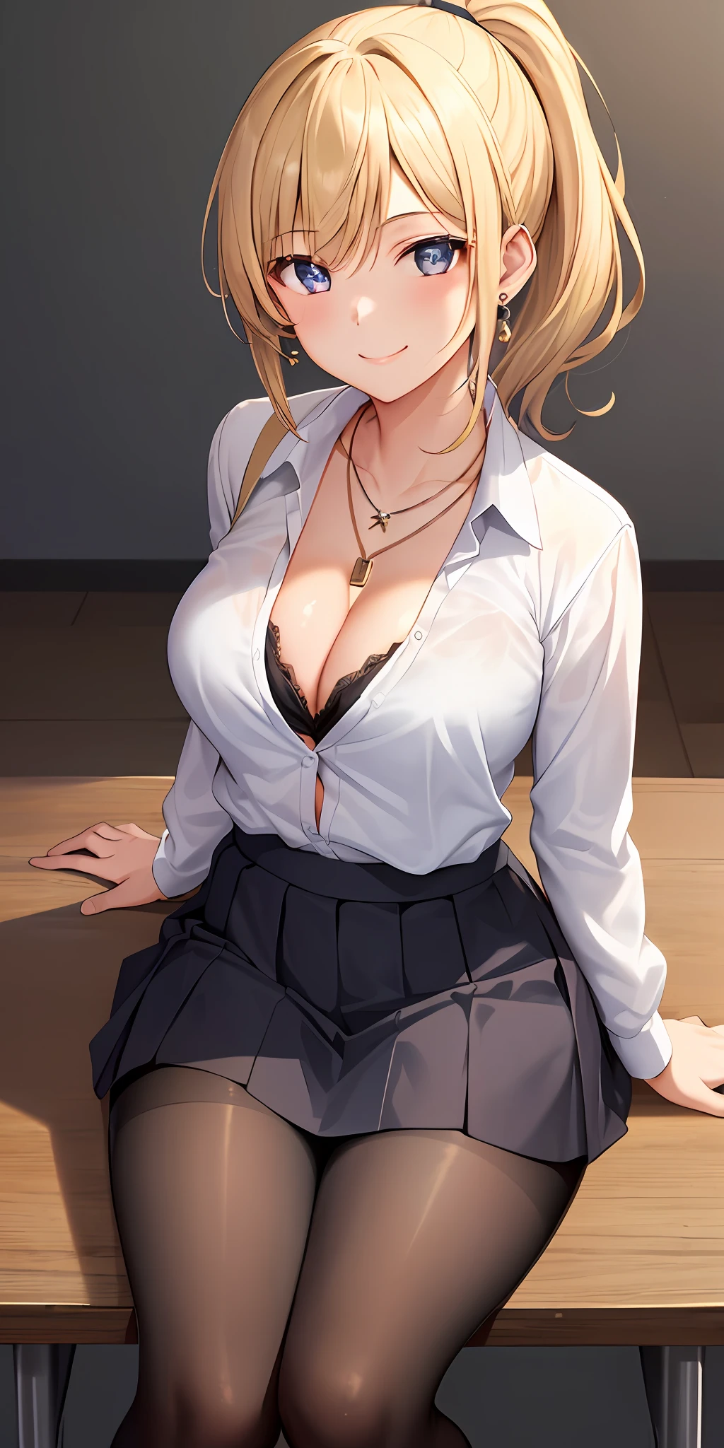 1girl, solo, blonde ponytail, medium breasts, thighs, cleavage, smiling, glowing eyes, (necklace, earrings, unbuttoned school uniform, bra, skirt), pantyhose, sitting on table, classroom background