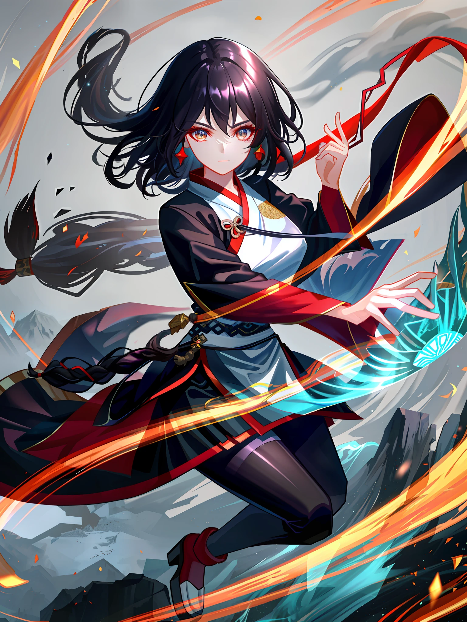 A girl with high-gloss skin and strong texture, close-up, black hair, fluffy hair, Hanfu, streamers, flowing ink, scattered energy, riding a Chinese dragon, background landscape waterfall, global illumination, rich details