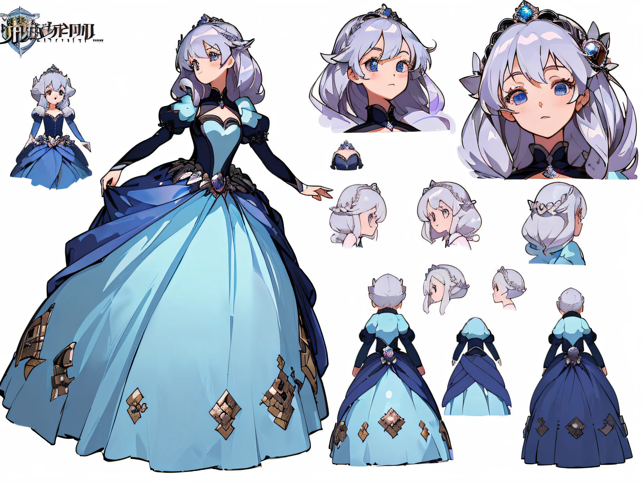 ((masterpiece)),(((best quality))),(character design sheet,same character,front,side,back),illustration,1 girl,silver hair,princess cut,hair on eyes,beautiful eyes,environment Scene change, pose too, gorgeous princess dress, magic, charturnbetalora, (simple background, white background: 1.3)