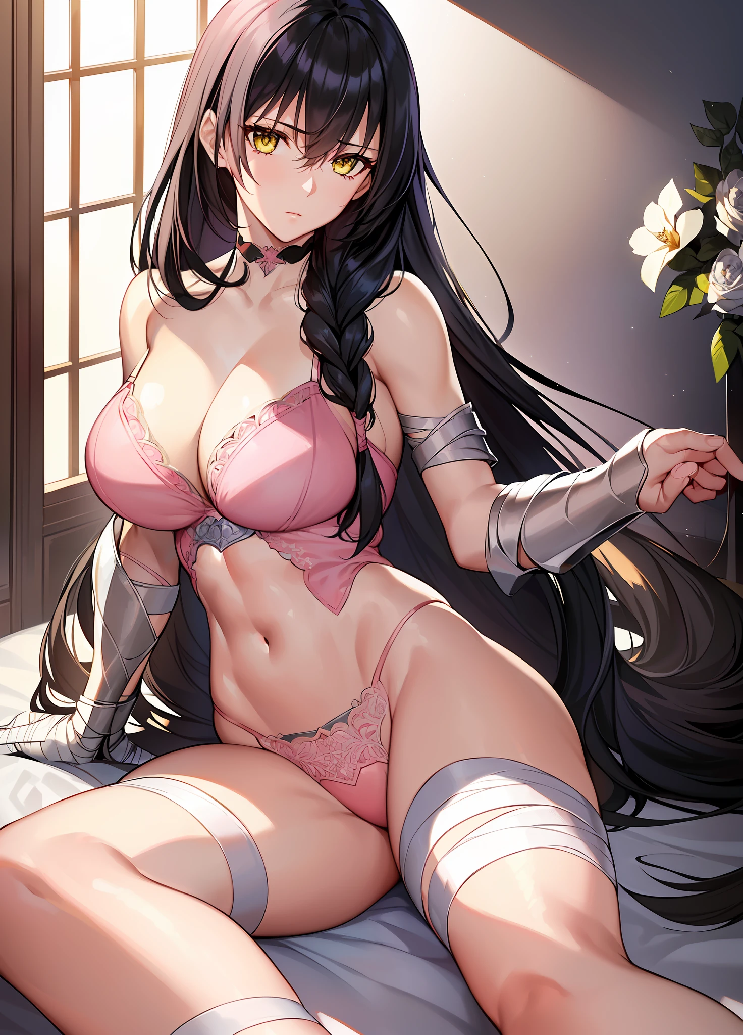 incomparable masterpiece, ultra 8k CG, ultra high resolution, perfect art, ((dominant posture)), from below, sensual, (((pink lingerie))), (sexy), clean, ((night)), ((lace linge)), beautiful face, ((back)), against the wall, semi naked, pure face, sitting, white flowers, detailed hair, finely detailed eyes and face, beautiful detailed eyes, hyper-extreme details, best quality, perfect illustration, an extremely delicate and beautiful,  extremely detailed, CG, 8k wallpaper, amazing, finely detailed, official art, extremely detailed 8k CG wallpaper, incredibly absurd, huge file size, ultra detailed, extremely detailed, beautiful detailed girl, extremely detailed eyes and face, 1girl, solo, crowe velvet, ((low hair tied, black hair, long hair)), ((bandages, bandaged arm, left arm bandaged)), ((mature female,  milf)), large breasts, (yellow eyes: 1.2), red shirt, abdomen, navel, torn clothes, black shorts, (single braid: 1.4), over-the-shoulder braid, ((individual gauntlet, bridal gauntlet on right arm)), navel, bare shoulders, black choker, abs, ((leg wear, black thighs)), looking at the viewer,