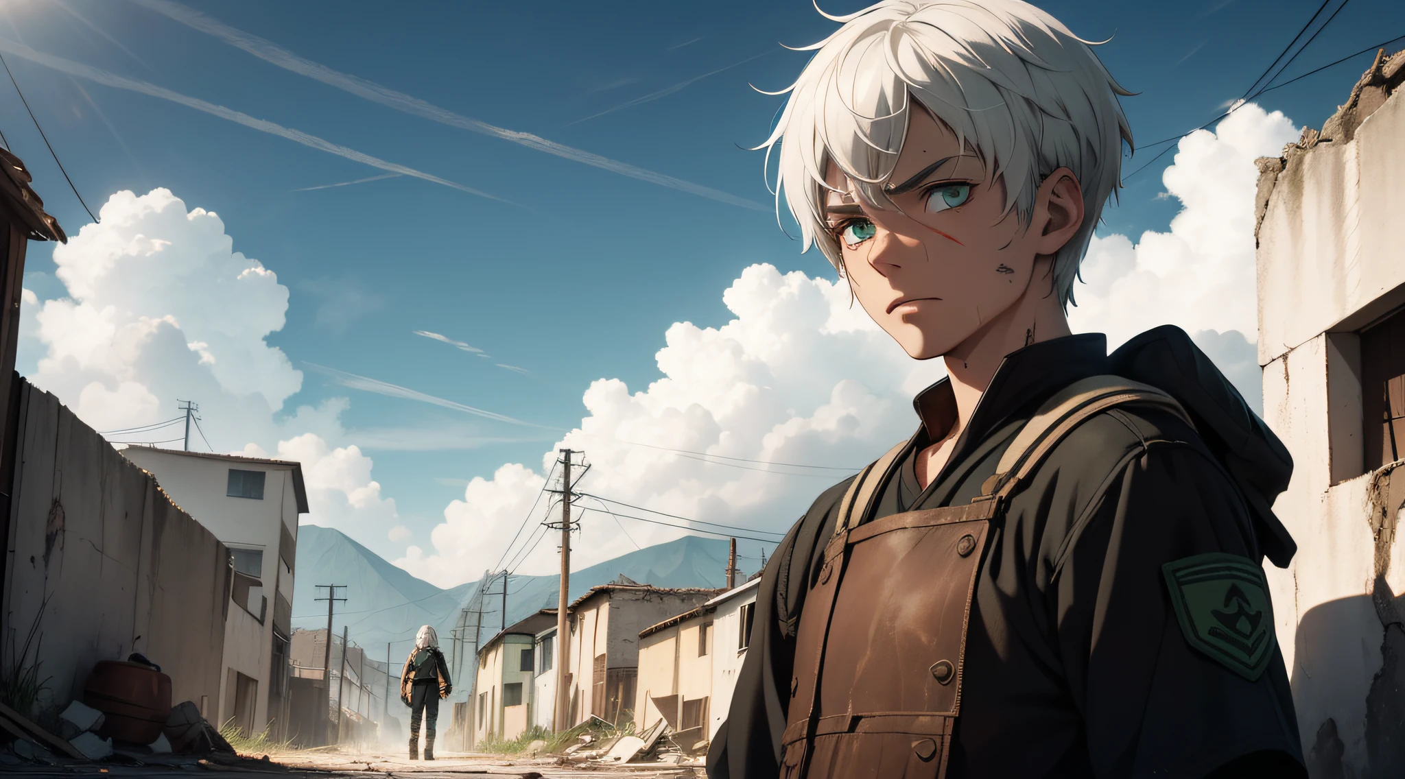Finn was an orphan and wandered the devastated streets in search of food and shelter. His lean, dirty body bore the marks of the harsh reality he faced every day. white hair, green eyes, glowing skin. The scorching sun that pierced through the toxic clouds chastised his skin and his tired gaze reflected a life of deprivation.
