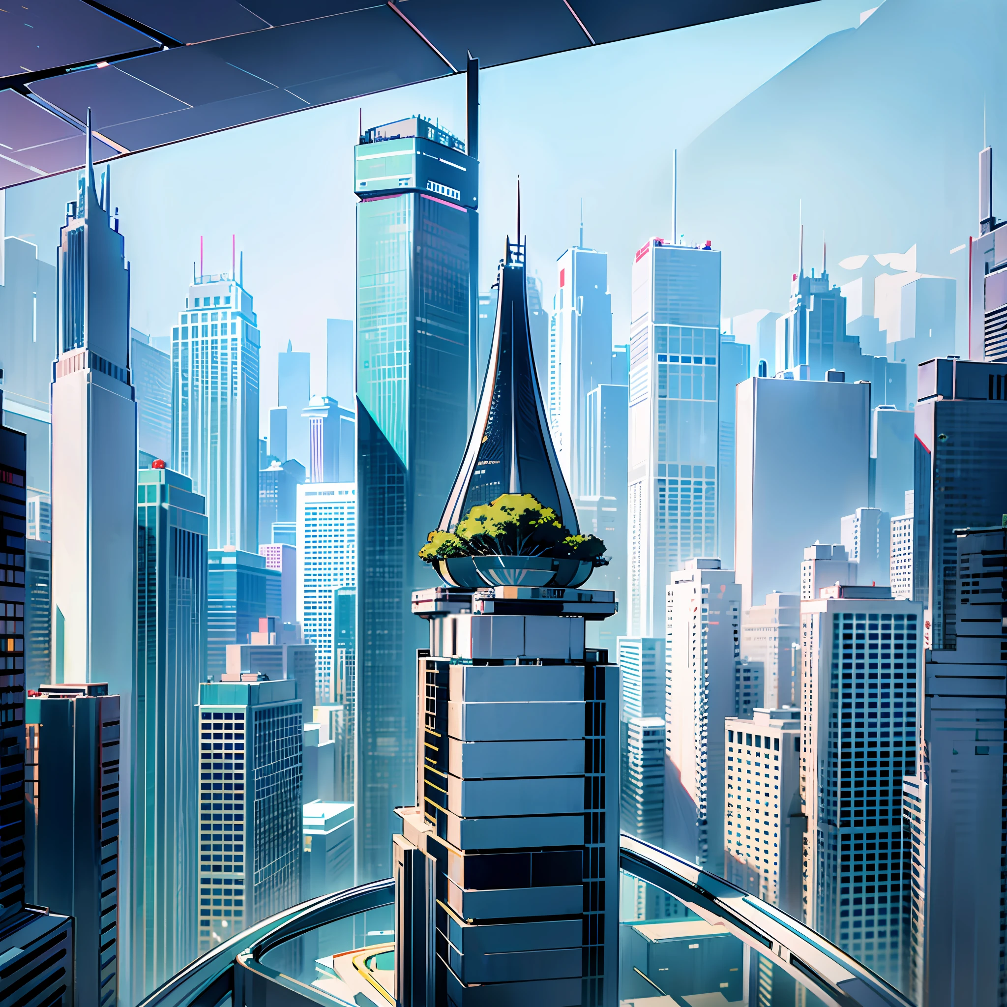 CREATE AN IMAGE OF A FUTURISTIC CITY, IN THE PANORAMIC PERSPECTIVE, WITH THE COLORS BARNCO, BLACK, CYAN, YELLOW, LILAC AND GREEN. IT MUST CONTAIN AT LEAST FIVE BUILDINGS WITH OSCAR NIEMEYER'S ARCHITECTURAL STYLE AND NEW SCHOOL TATTOO DRAWING STYLE. --auto --s2
