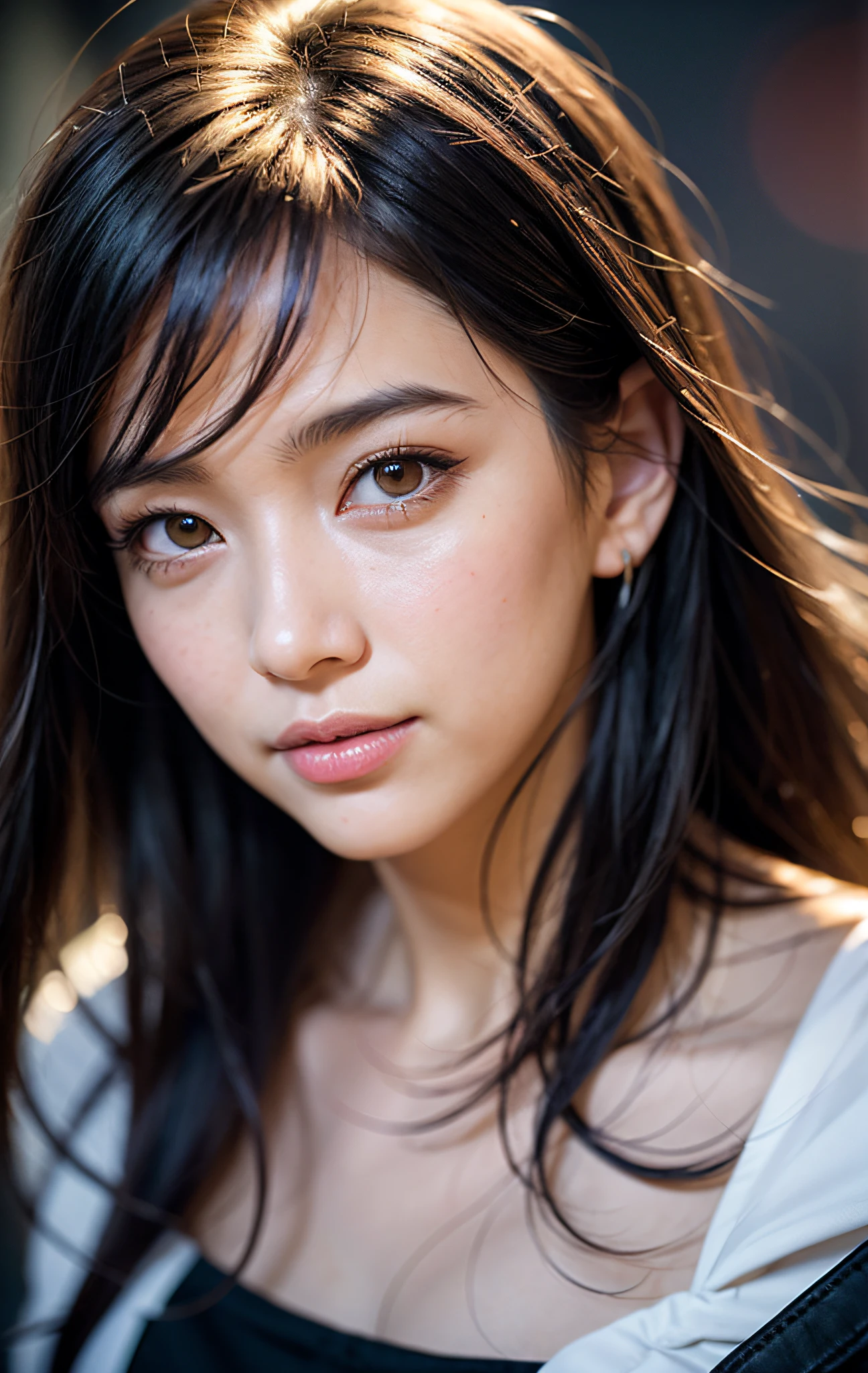 black hair, long eyelashes, solid circle eyes, light smile, blush ear, drop shadow, pov, atmospheric perspective, hyperrealism, cinematic lighting, negative space, vanishing point, from above, ray tracing, lens flare, bokeh, Eye-Level Shot, f/1.8, 50mm, Hasselblad, 8k, super detail, accurate, best quality, UHD, super detail, textured leather, high quality