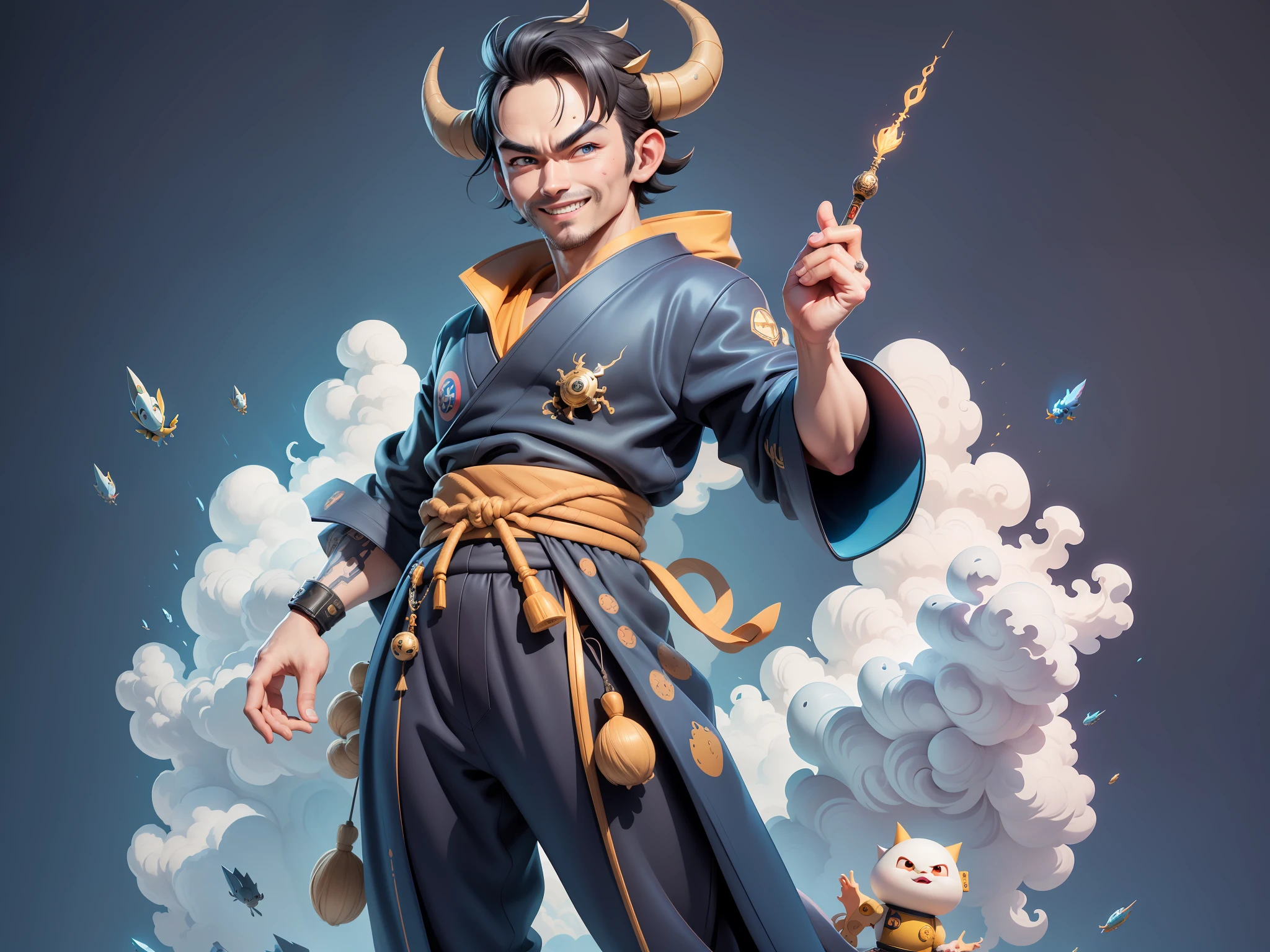 (Masterpiece), (Excellent), (Super Meticulous), (Full Body: 1.2), Super Young Man, Oriental Face, Japanese Kimono, Japanese Wind and Thunder, Japanese Ascension Dragon, Cloud, Sky, Dragon, Tongue, Sky, Building, City, Blue Eyes, Open Mouth, Teeth, Horns, Glow, TV Anchor, Bust Portrait Illustration, Alone, Black Suit, Blue Tie, Slightly Chubby Face, Very Clean Face, No Beard, Black Super Short Hair, Black Eyes, Confident Smile, 3c Computer Sub-Products, iPad, iPhone, Digital painting, 3D character design by Akira Toriyama and Mark Claireden and Pixar and Hayao Miyazaki, the illustrations are HD illustrations in 4K resolution with very detailed facial features and cartoon-style visuals.