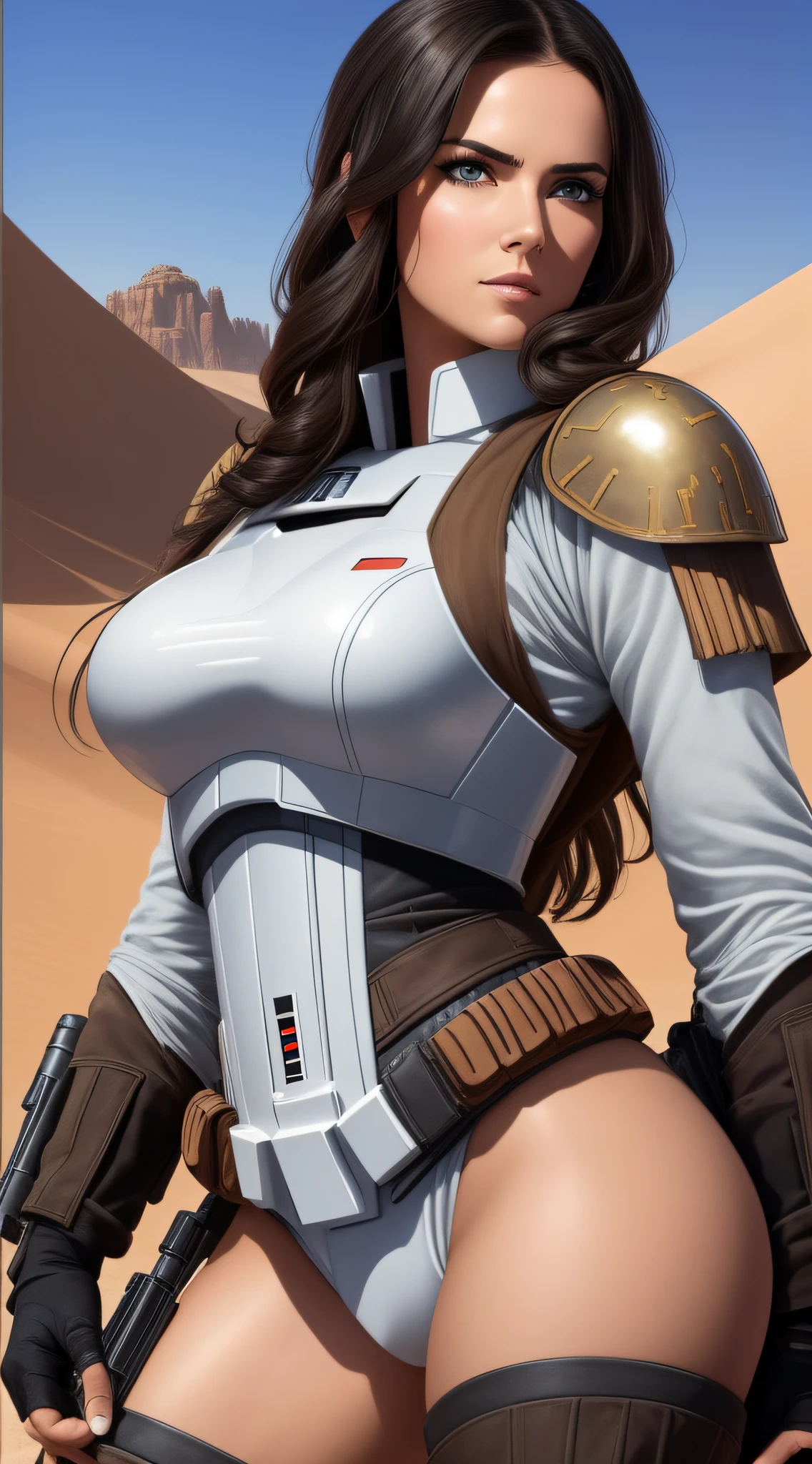 Star Wars poster, a close up of a woman in a imperial army uniform posing for a picture, desert landscape, sexy look, sexy body, sexy girl, full body photo shoot, sexy pose, sexy look at the camera, very sexy, tease