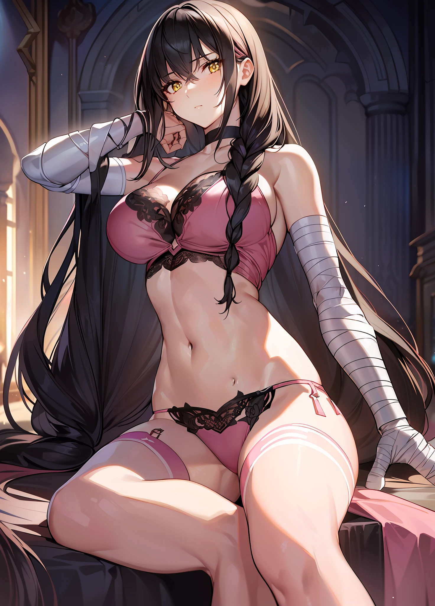 incomparable masterpiece, ultra 8k CG, ultra high resolution, perfect art, ((dominant posture)), from below, sensual, (((pink lingerie))), (sexy), clean, ((night)), ((lace linge)), beautiful face, ((back)), against the wall, semi naked, pure face, sitting, white flowers, detailed hair, finely detailed eyes and face, beautiful detailed eyes, hyper-extreme details, best quality, perfect illustration, an extremely delicate and beautiful,  extremely detailed, CG, 8k wallpaper, amazing, finely detailed, official art, extremely detailed 8k CG wallpaper, incredibly absurd, huge file size, ultra detailed, extremely detailed, beautiful detailed girl, extremely detailed eyes and face, 1girl, solo, crowe velvet, ((low hair tied, black hair, long hair)), ((bandages, bandaged arm, left arm bandaged)), ((mature female,  milf)), large breasts, (yellow eyes: 1.2), red shirt, abdomen, navel, torn clothes, black shorts, (single braid: 1.4), over-the-shoulder braid, ((individual gauntlet, bridal gauntlet on right arm)), navel, bare shoulders, black choker, abs, ((leg wear, black thighs)), looking at the viewer,