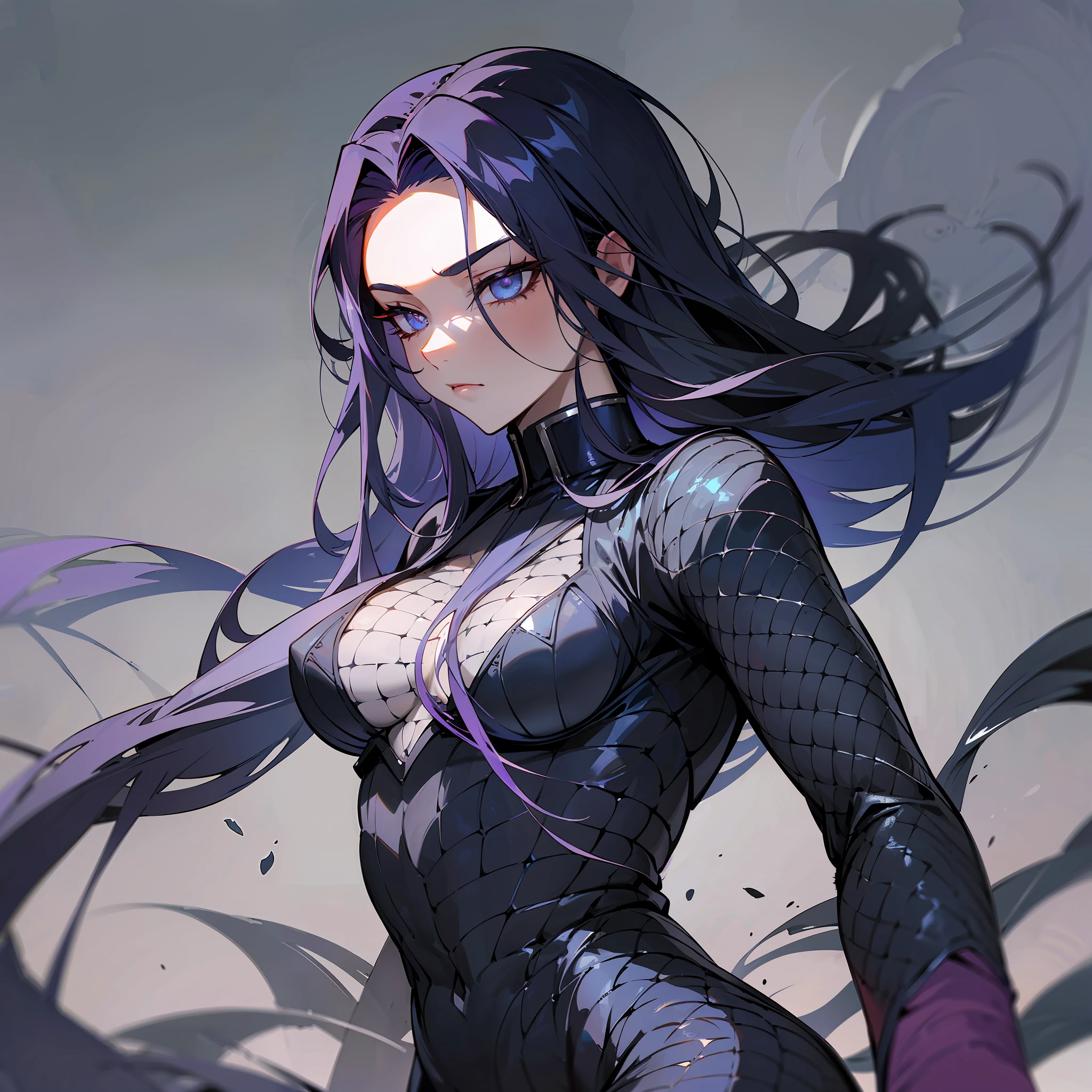 (The power of Medusa: 1.5), best quality, ultra-detailed, perfect lighting, perfect shadow, dynamic figure, dynamic pose, black hair, eyes with vertical pupil, skin covered in scales, clothes molded to the body, background with smoke and soot, dim light, navy blue tone. --auto --s2