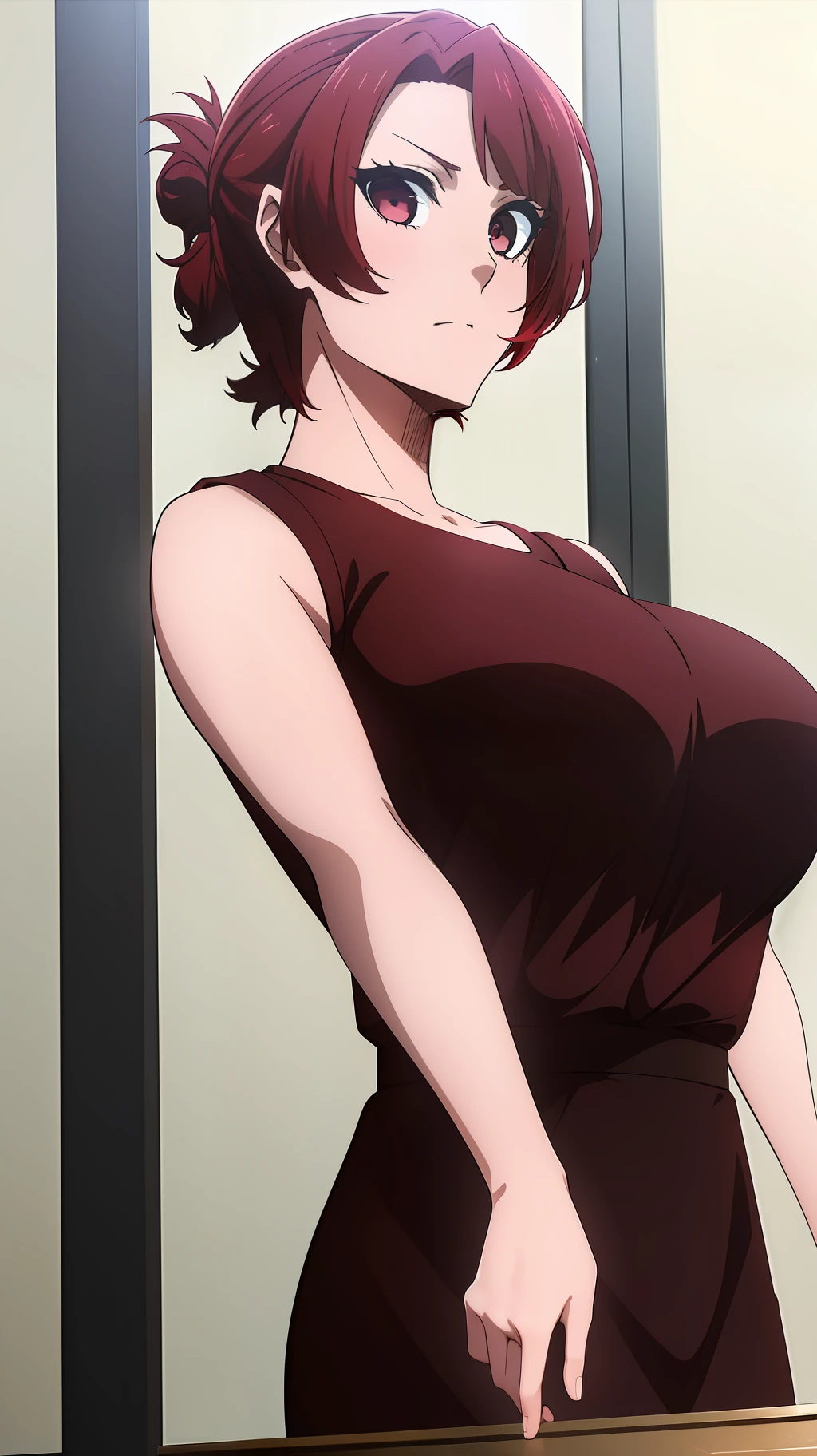 ((masterpiece)), ((best quality)), anriteieri, 1girl, breasts, short_hair, red_hair, red_eyes, solo_focus, indoors, medium_breasts