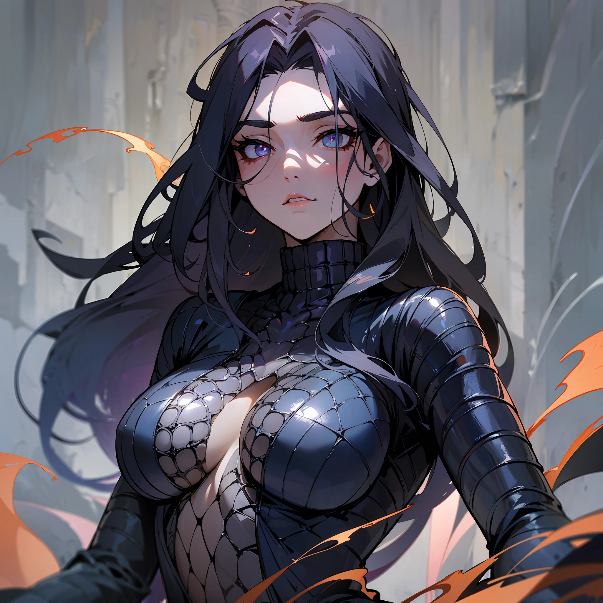 (The power of Medusa: 1.5), best quality, ultra-detailed, perfect lighting, perfect shadow, dynamic figure, dynamic pose, black hair, eyes with vertical pupil, skin covered in scales, clothes molded to the body, background with smoke and soot, dim light, navy blue tone. --auto --s2