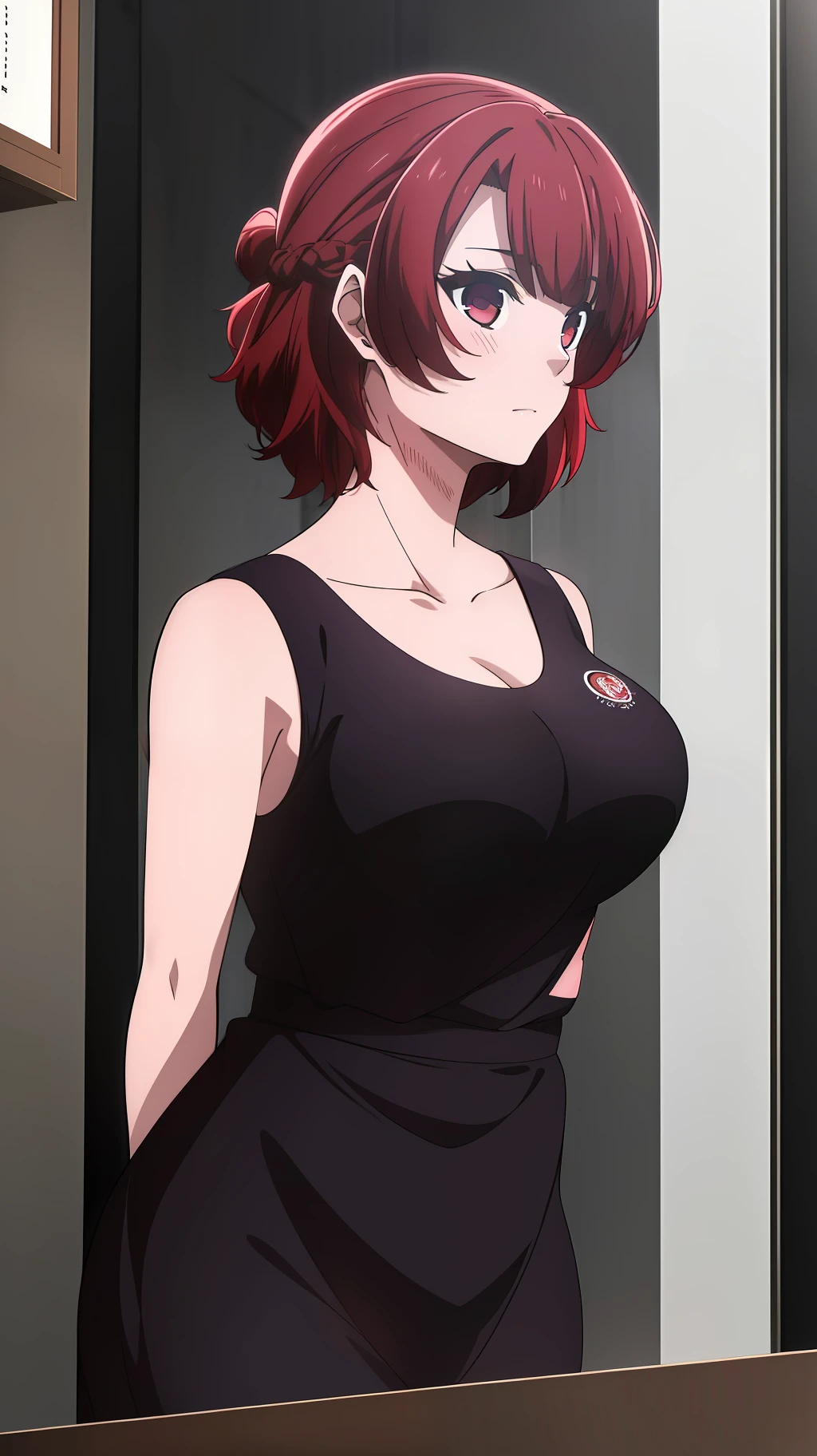 ((masterpiece)), ((best quality)), anriteieri, 1girl, breasts, short_hair, red_hair, red_eyes, solo_focus, indoors, medium_breasts