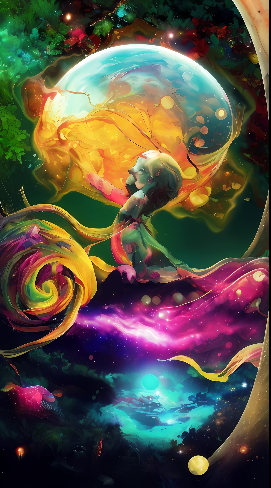 Incredible and spectacular scene, a "((high quality)), (detailed)), ((fantasy)), illustration, perspective (45 degree tilt angle), theme (enchanted forest style), scene elements (handsome boy, beautiful girl), picture quality (3D rendering effect), exquisite details, beautiful lights "emerge from glowing clouds, fractal nebula lines, cosmic entities, celestial bodies, universes, vibrant and vivid, swirling, rotating, impractical, high contrast, co-metabolic, magical, mysterious, mysterious, surreal, Oversaturated, colorful