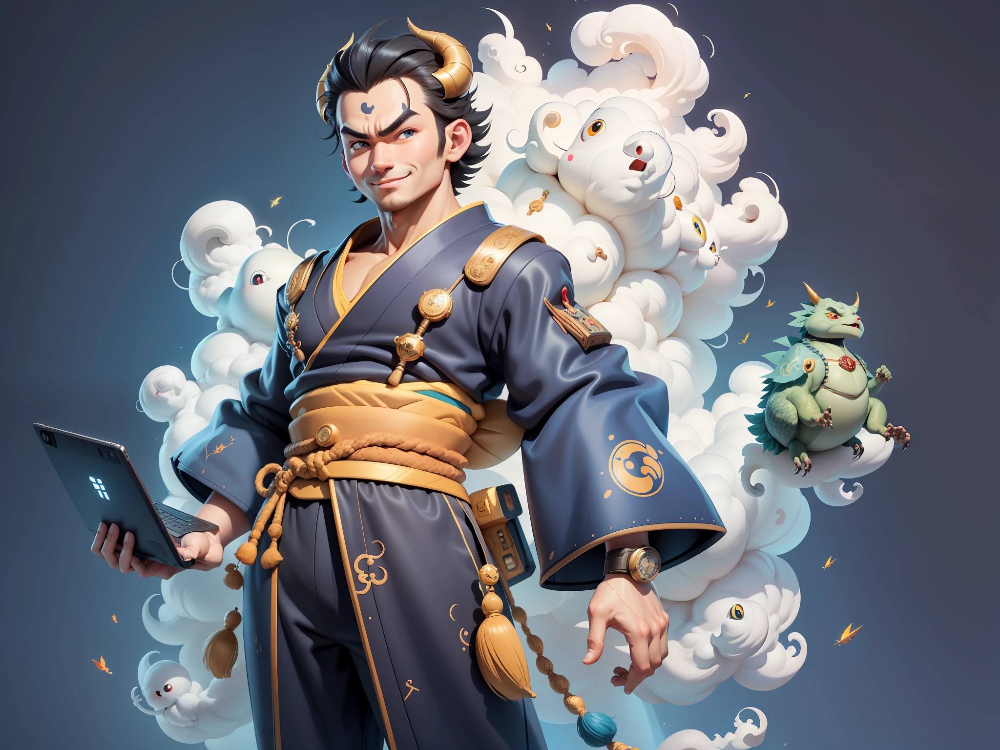 (Masterpiece), (Excellent), (Super Meticulous), (Full Body: 1.2), Super Young Man, Oriental Face, Japanese Kimono, Japanese Wind and Thunder, Japanese Ascension Dragon, Cloud, Sky, Dragon, Tongue, Sky, Building, City, Blue Eyes, Open Mouth, Teeth, Horns, Glow, TV Anchor, Bust Portrait Illustration, Alone, Black Suit, Blue Tie, Slightly Chubby Face, Very Clean Face, No Beard, Black Super Short Hair, Black Eyes, Confident Smile, 3c Computer Sub-Products, iPad, iPhone, Digital painting, 3D character design by Akira Toriyama and Mark Claireden and Pixar and Hayao Miyazaki, the illustrations are HD illustrations in 4K resolution with very detailed facial features and cartoon-style visuals.