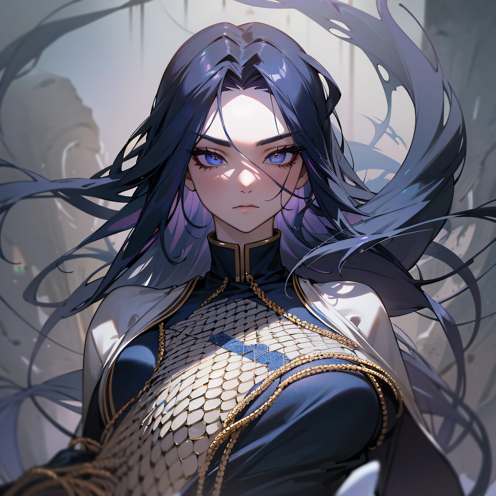 (The power of Medusa: 1.5), best quality, ultra-detailed, perfect lighting, perfect shadow, dynamic figure, dynamic pose, black hair, eyes with vertical pupil, skin covered in scales, clothes molded to the body, background with smoke and soot, dim light, navy blue tone. --auto --s2