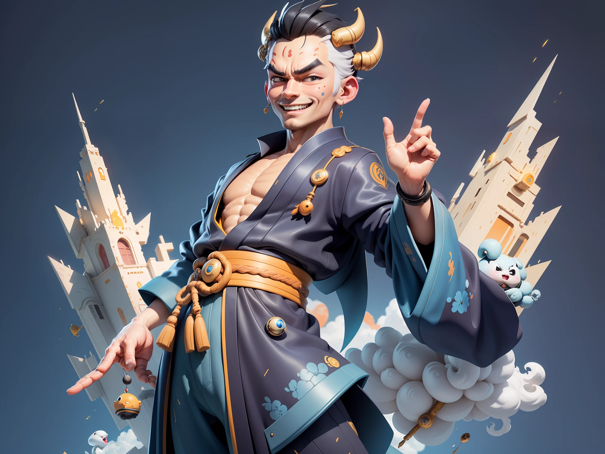 (Masterpiece), (Excellent), (Super Meticulous), (Full Body: 1.2), Super Young Man, Oriental Face, Japanese Kimono, Japanese Wind and Thunder, Japanese Ascension Dragon, Cloud, Sky, Dragon, Tongue, Sky, Building, City, Blue Eyes, Open Mouth, Teeth, Horns, Glow, TV Anchor, Bust Portrait Illustration, Alone, Black Suit, Blue Tie, Slightly Chubby Face, Very Clean Face, No Beard, Black Super Short Hair, Black Eyes, Confident Smile, 3c Computer Sub-Products, iPad, iPhone, Digital painting, 3D character design by Akira Toriyama and Mark Claireden and Pixar and Hayao Miyazaki, the illustrations are HD illustrations in 4K resolution with very detailed facial features and cartoon-style visuals.