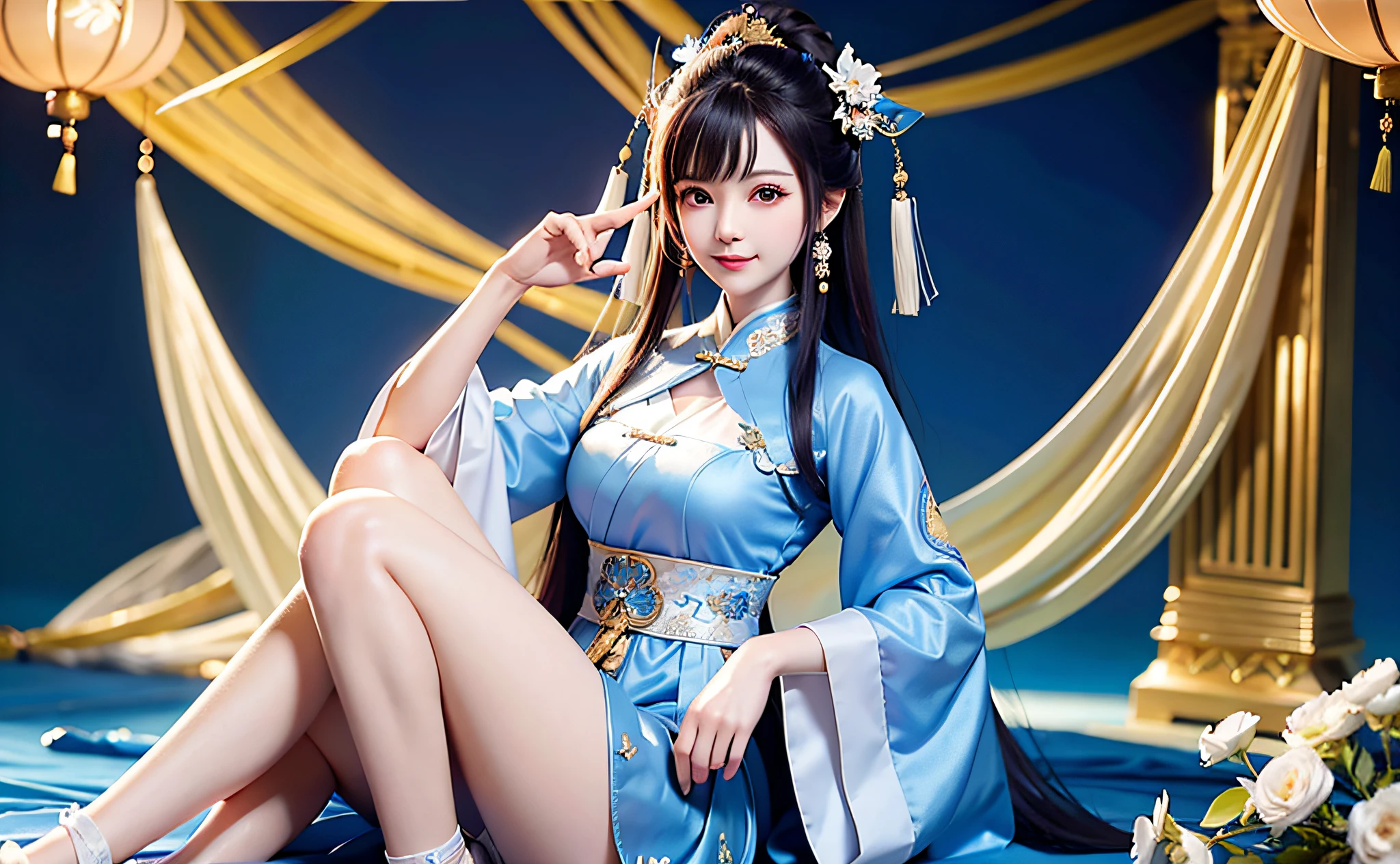 A woman in a blue dress poses for a photo, palace, a girl in Hanfu, wearing ancient Chinese costume, ancient Chinese costume, white Hanfu, traditional Chinese clothing, Hanfu, Ruan family beauty! , ancient Chinese beauty, Chinese girl, inspired by Huang Ji, fairy fantasy, inspired by Gu An, traditional beauty