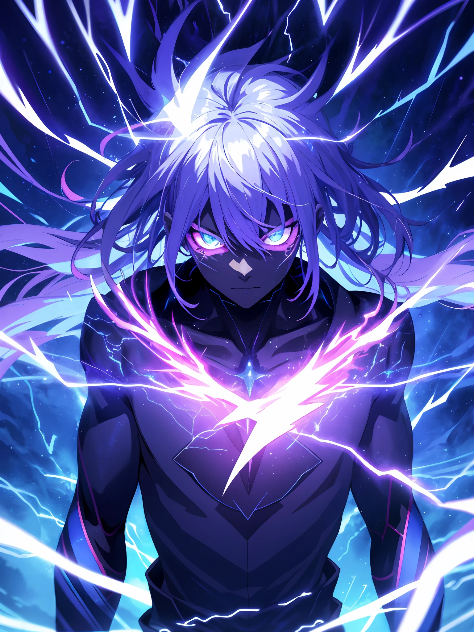 a close-up of a person with a purple and blue background full of lightning, glowing black aura, evil aura, 8k anime, an epic anime of a being with lightning powers, epic anime style, menacing aura, aura of darkness, evolving into his final form, glowing power aura, cosmic power glowing and flourishing, many lightning bolts surrounding the character