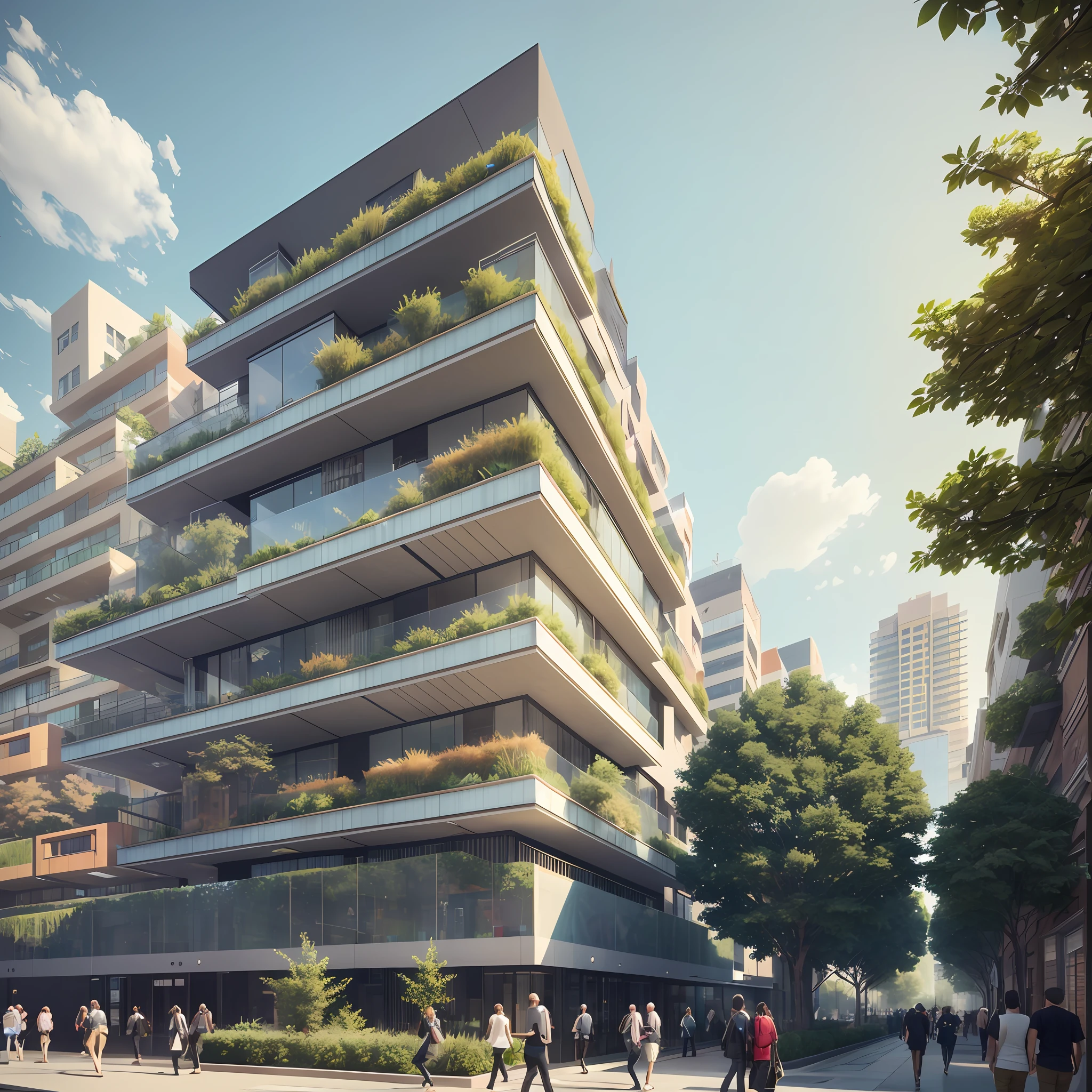 people walking on a sidewalk in front of a building with a lot of windows, architectural render, architecture render, archviz, a photorealistic rendering, vue render, detailed archviz render, artistic render, architectural rendering, architectural visualization, architecture visualisation, hyper-realistic render, hyper - realistic render, oktane render, lumion render, architectural 3 d render