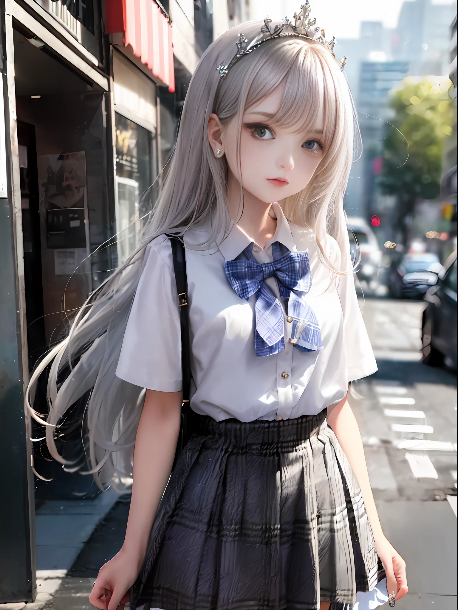 1 girl, (white blouse: 1.1), (plaid skirt: 1.1), school uniform, mi mini skirt, (urban background: 1.1), denim lenses, break silver, long hair, green eye, delicate tiara,