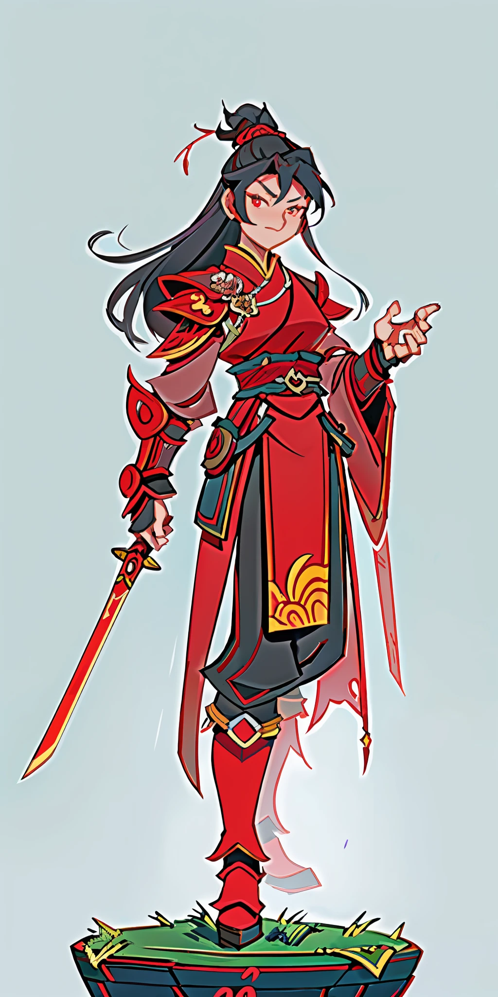 Chinese style, ancient battlefield, an ancient Chinese female general with a sword in her hand, cold expression, full body, amazing facial features, red robes, armor, boots, game models, stunning lighting, C4D, OC rendering, movie edge light, fine light, masterpiece, super detail, epic composition, super HD, high quality, highest quality, 32k