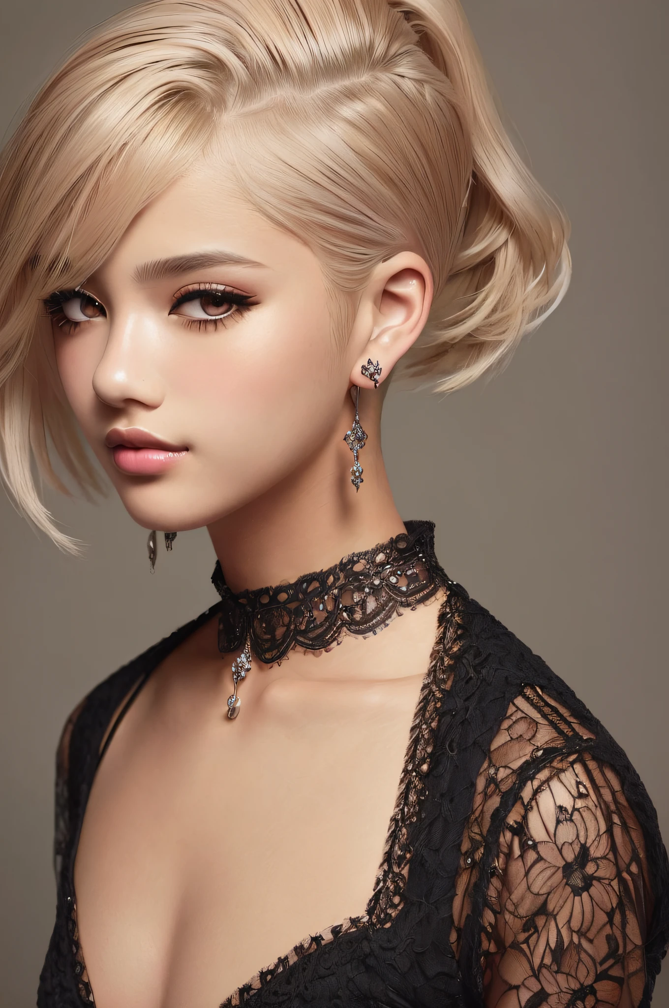 beautiful girl, brown_eyes, ((beautiful slim teenage girl 18 year old, hair color [Dirty blonde hair], [undercut pixie] hair)), earrings, lips, realistic, narrow waist, charming, pink lipstick, colorful makeup, long eyelashes, earrings, wearing eyeliner, fair skin, (cute), (detailed face), detailed eyes, detailed iris