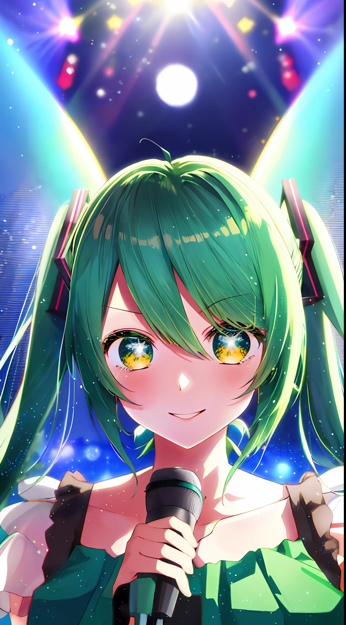 Long green hair anime girl with microphone, background live stage, portrait of Hatsune Miku, anime style mixed with Fujifilm, Mikudayo, anime style 4K, cute 3d anime girl render, portrait of Hatsune Miku, realistic anime 3D style, anime style 3D, perfect android girl, young anime girl, Photorealistic anime girl rendering