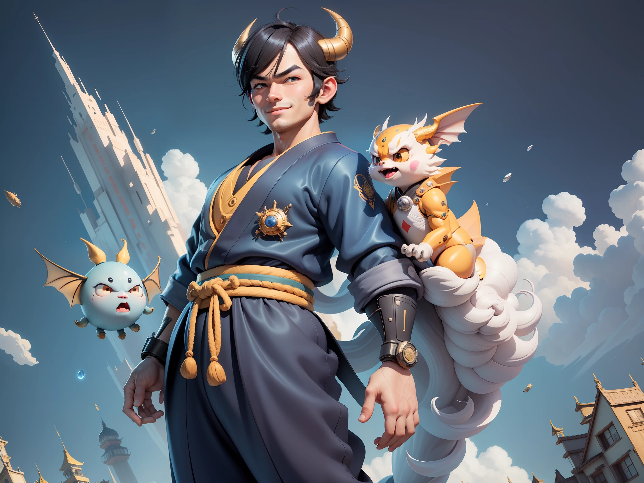 (Masterpiece), (Excellent), (Super Meticulous), (Full Body: 1.2), Super Young Man, Oriental Face, Japanese Kimono, Japanese Wind and Thunder, Japanese Ascension Dragon, Cloud, Sky, Dragon, Tongue, Sky, Building, City, Blue Eyes, Open Mouth, Teeth, Horns, Glow, TV Anchor, Bust Portrait Illustration, Alone, Black Suit, Blue Tie, Slightly Chubby Face, Very Clean Face, No Beard, Black Super Short Hair, Black Eyes, Confident Smile, 3c Computer Sub-Products, iPad, iPhone, Digital painting, 3D character design by Akira Toriyama and Mark Claireden and Pixar and Hayao Miyazaki, the illustrations are HD illustrations in 4K resolution with very detailed facial features and cartoon-style visuals.