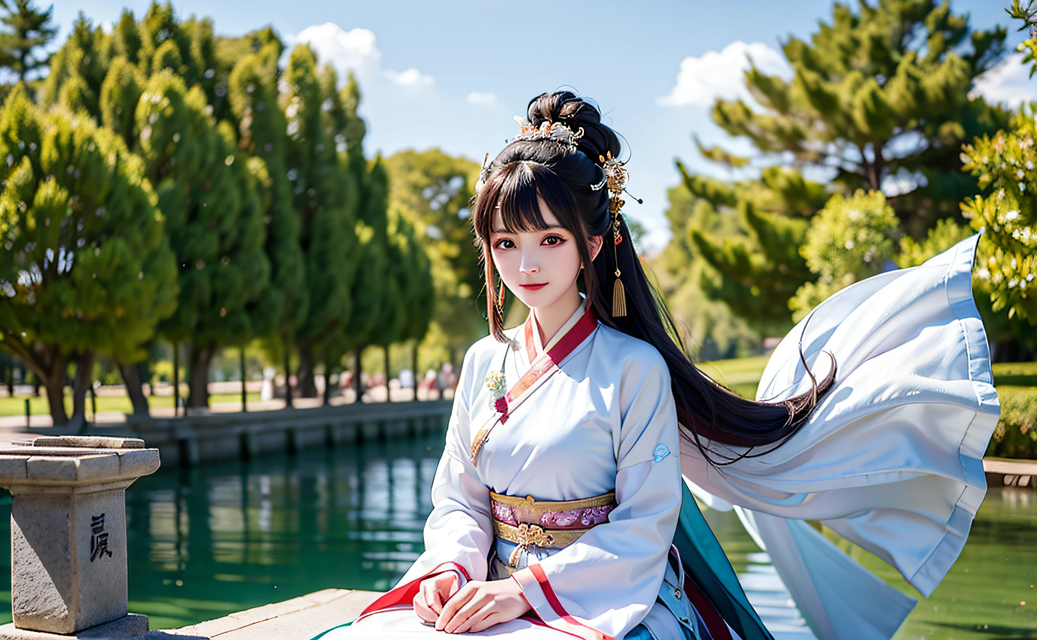 A woman in a dress poses for a photo, palace, a girl in Hanfu, wearing ancient Chinese costume, ancient Chinese costume, traditional Chinese clothing, Hanfu, Ruan family beauty! , ancient Chinese beauty, Chinese girl, inspired by Huang Ji, fairy fantasy, inspired by Gu An, traditional beauty