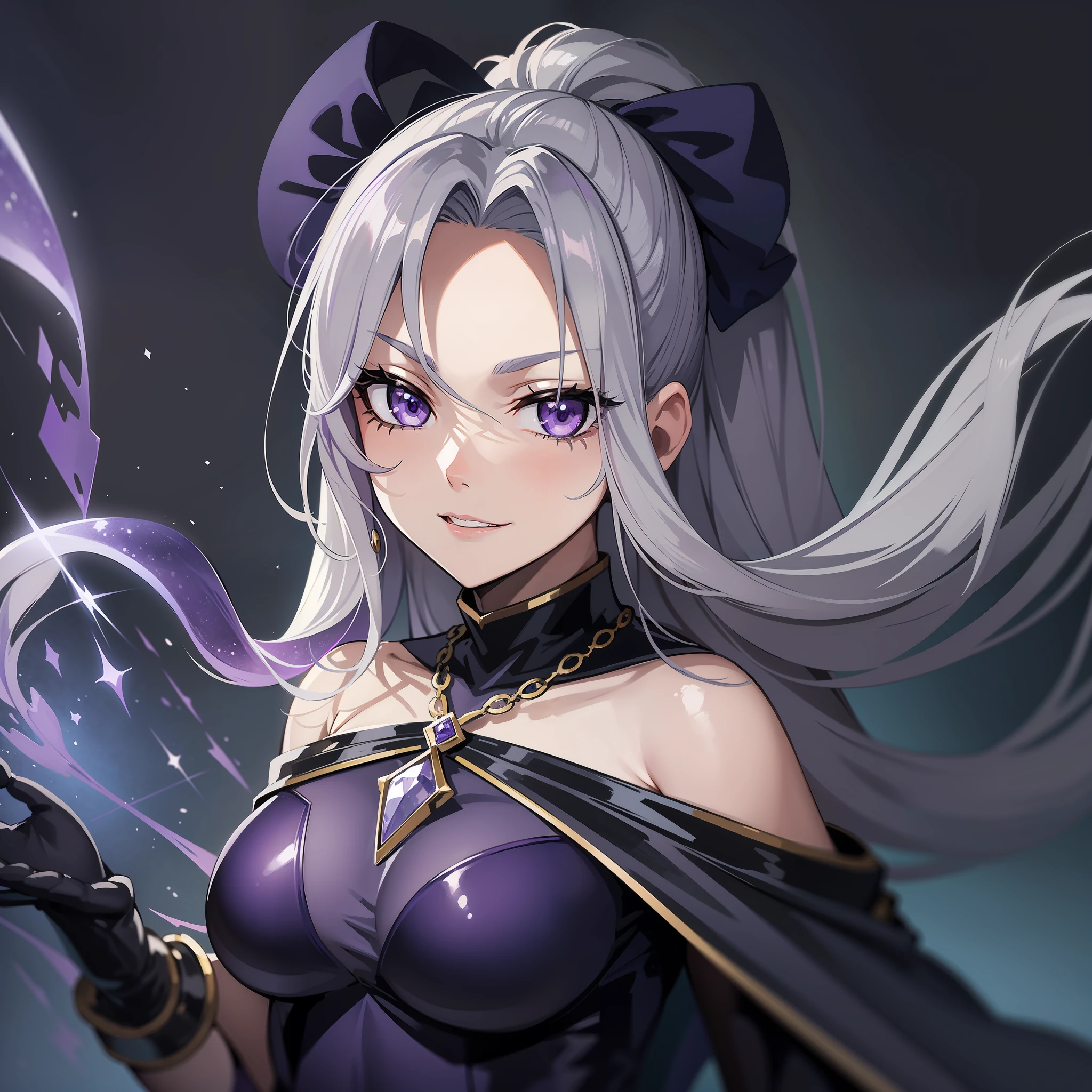 (Character design sheet, forehead, side, back, head, clothing), a girl, 25 years old, 1.75 meters tall, Hair: Long silky dark blue with silver locks, collected in a high ponytail and adorned with silk ribbons.
Eyes: Deep and mysterious amethyst color.
Complexion: Pale, with tribal markings in violet and silver tones on her face and arms, Base clothing: She wears a tight black leather suit with silver details, which highlights her athletic figure. It includes a long, flowing cape with star prints in shades of purple and blue. He also wears fingerless gloves and high boots with silver buckles.
Fantastic Elements: Aria wears a magical necklace that glows with a violet aura and grants her supernatural powers. He also has a long sword with a crescent moon-shaped blade, decorated with amethyst gems embedded in the hilt, Piercing gaze: His amethyst eyes reflect his determination and wisdom, but also hide a touch of melancholy and mystery, sly smile, arched eyebrows,