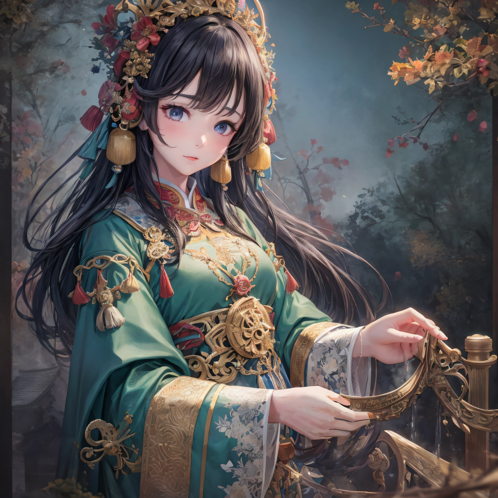 anime girl in a green dress holding a golden crown, palace , a girl in hanfu, a beautiful fantasy empress, beautiful character painting, artwork in the style of guweiz, ((a beautiful fantasy empress)), ancient chinese princess, 8k high quality detailed art, guweiz, japanese goddess, guweiz on pixiv artstation, traditional beauty