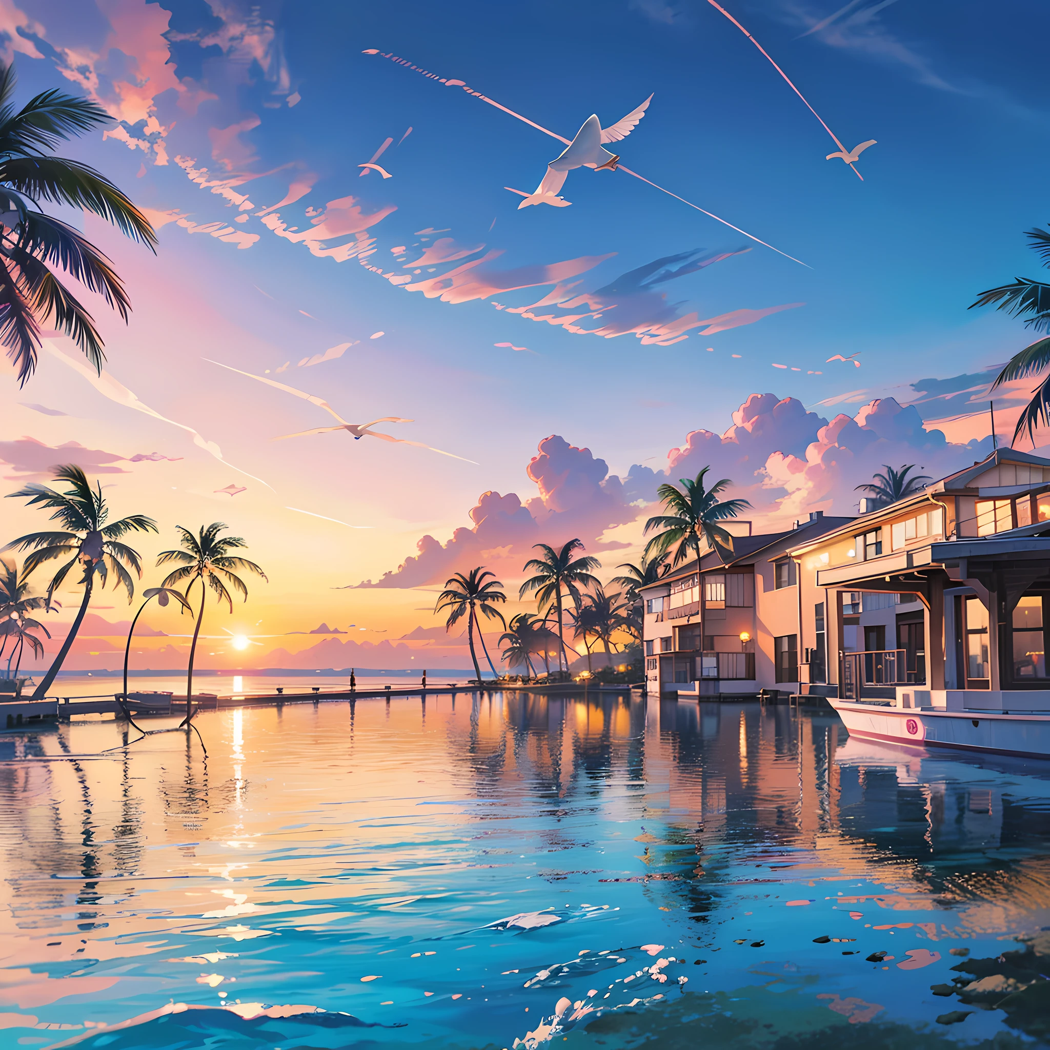 An absolutely mesmerizing sunset on the beach, with a mix of orange, pink, and yellow in the sky. The water is crystal clear, gently kisses the coast, and the white sand is endless. The scene is dynamic and breathtaking, with seagulls soaring high in the sky and palm trees swaying softly. Immerse yourself in the calm atmosphere and let the serenity surround you. --auto --s2