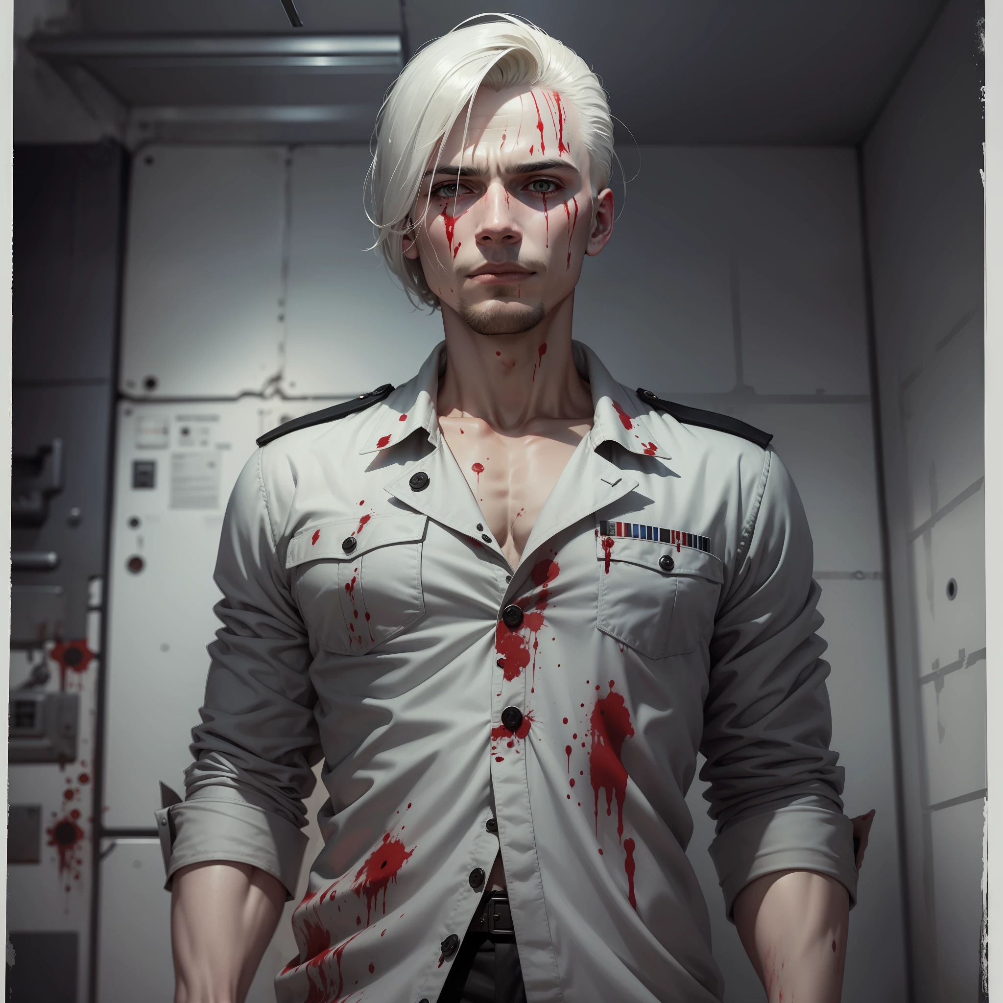Realistic image of a dead man standing, military haircut, blood on clothes, pale skin, sharp dark circles, devilish smile on lips, inside a military submarine on the seabed with blood-stained walls