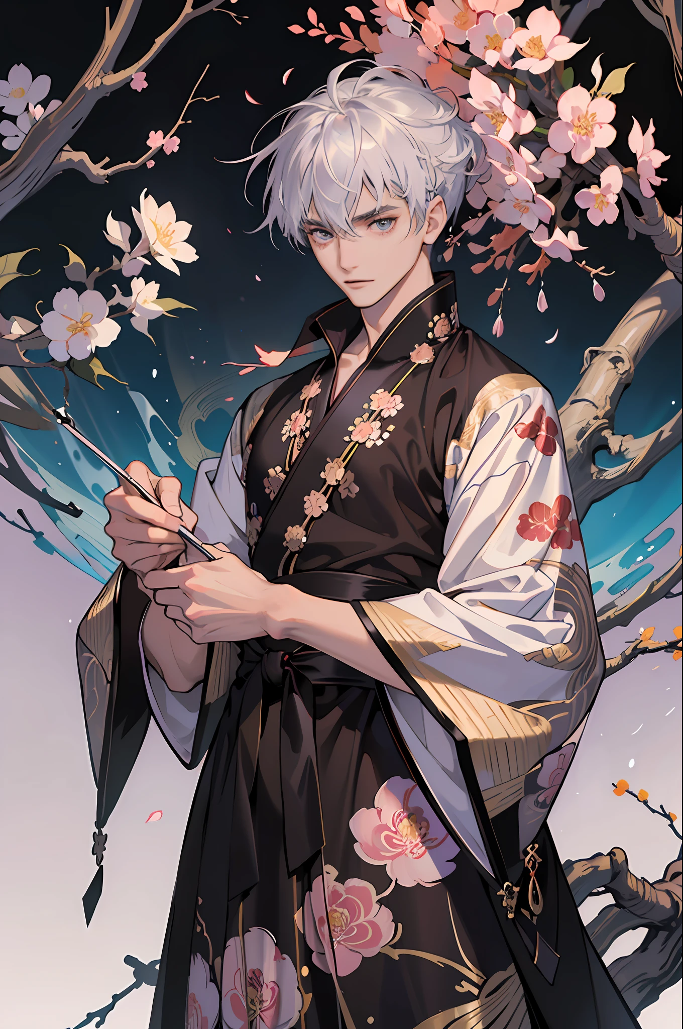 Reality, (Masterpiece, Top Quality, Best Quality, Official Art, Beauty and Aesthetics: 1.2), Extremely Detailed, Fractal Art, Colorful, Supreme Detail, Zen, (Abstract Background: 1.3)
Solo mature male, hair smooth back, tall muscular male, (plum blossom),
Silver hair, bright eyes, short hair, black robe,