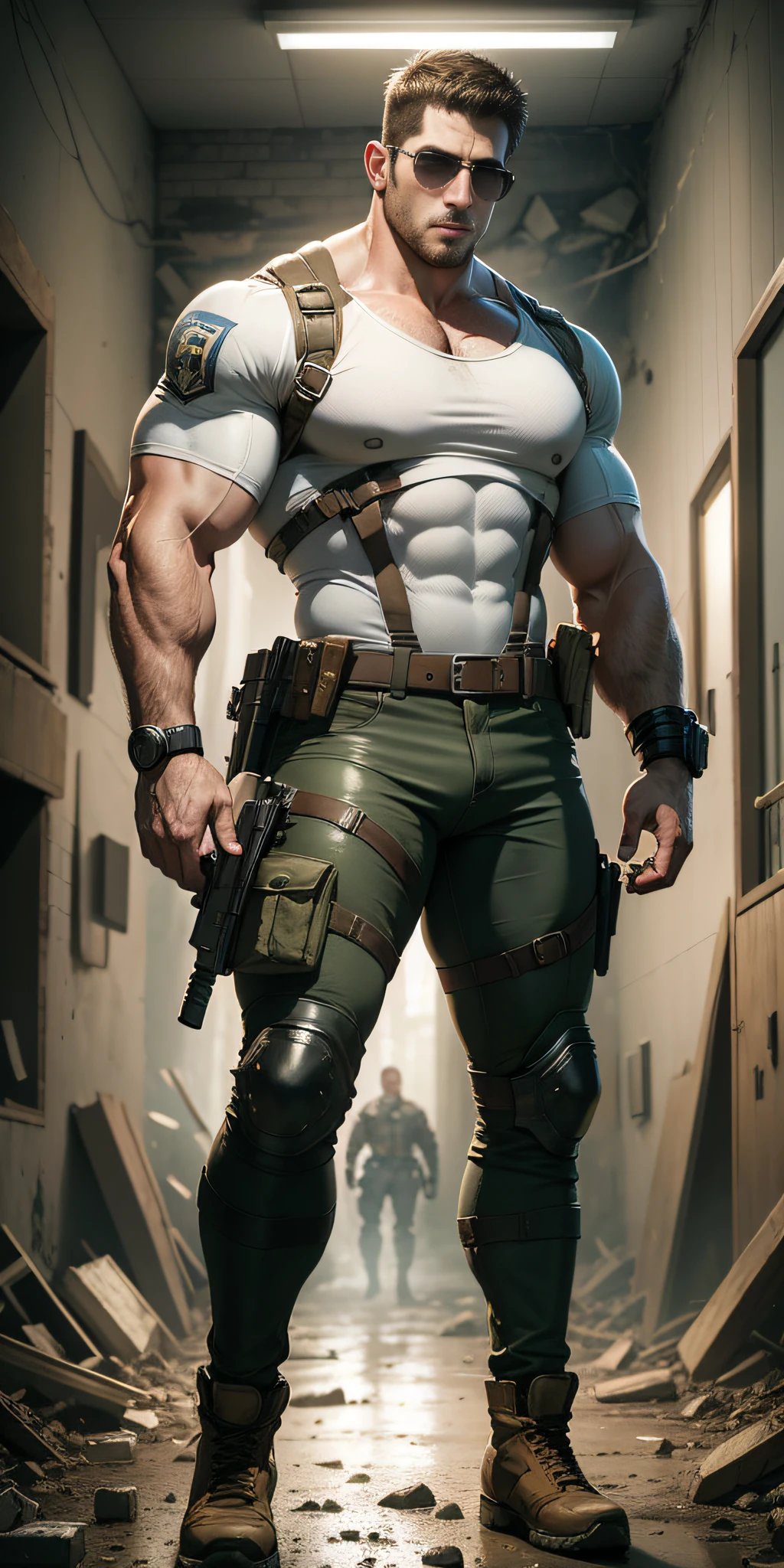 Movie poster, character design (Resident Evil - Chris Redfield, Chris Redfield) wearing a milky white combat uniform, standing alone in the ruins of the apocalypse, with a sad expression, muscular male hero, heroic male pose, tall and burly, muscular! Wearing sunglasses, sexy charming muscular leg muscles, tall burly, creamy white combat suit, super gain and cool, high resolution committee, cream white combat boots, attractive strong male, bright moonlight on the body, lonely