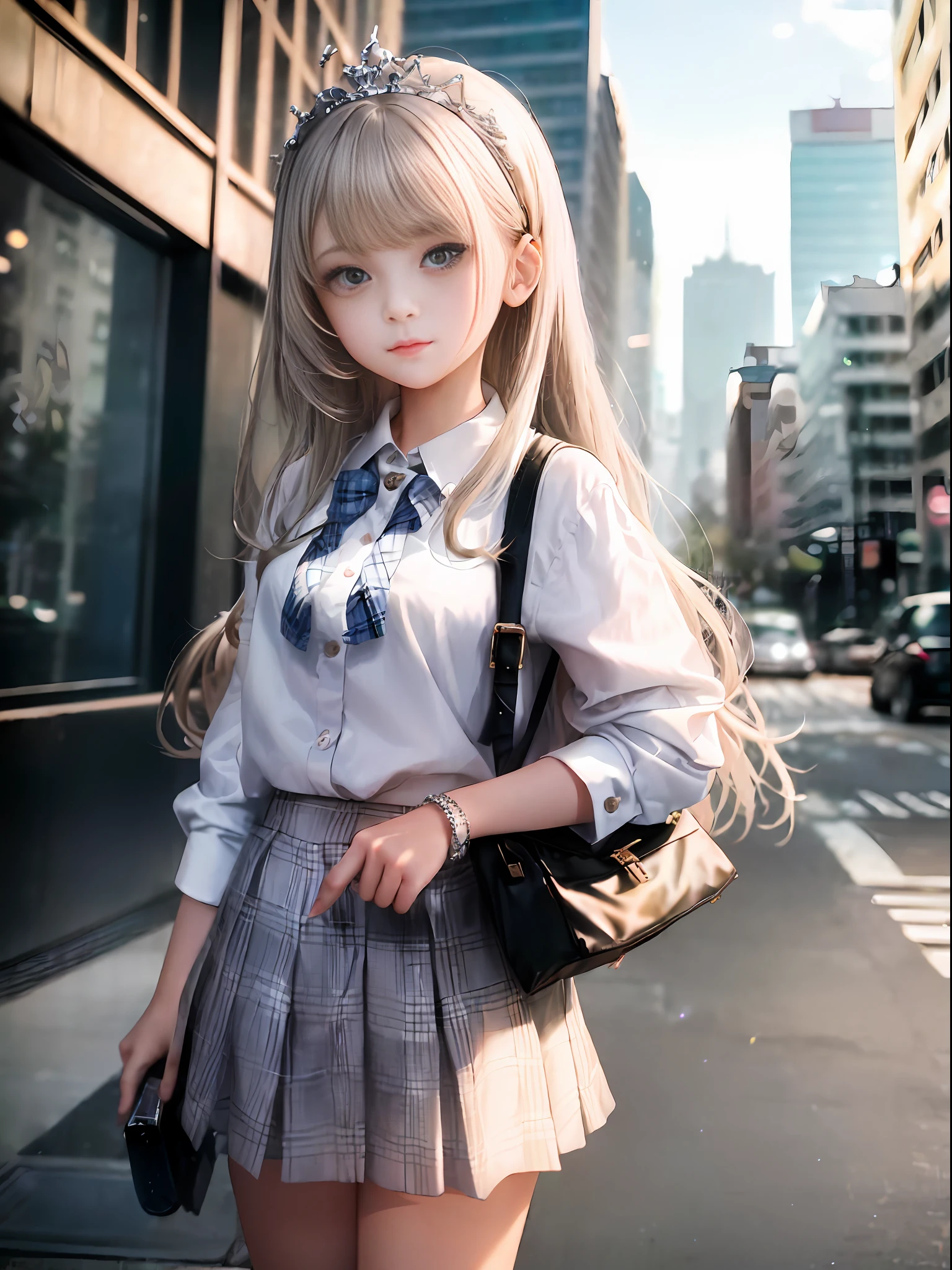 1 girl, (white blouse: 1.1), (plaid skirt: 1.1), school uniform, mi mini skirt, (urban background: 1.1), denim lenses, break silver, long hair, green eye, delicate tiara,