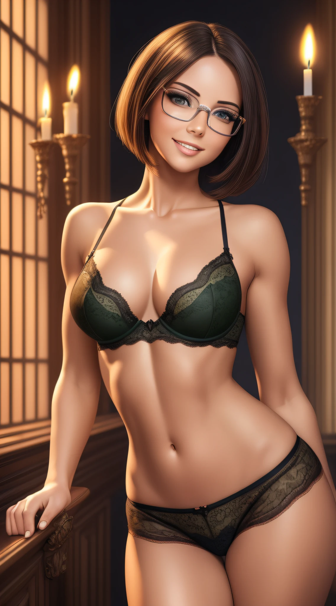 ((realistic:1.5)),((best quality)), ((masterpiece)),((detailed)), (1girl), a beautiful female, red lace bra, lace shorts, stockings, high heels, (upper body:1.3), super-wide-angle lens, face focus, toned muscles, long legs, slim thighs, narrow hips, green eyes, short hair, glasses, (detailed face, smile with teeth, beautiful eyes, detailed clothes features, clear background:1.3), posing, candle library background, best shadow, bright details, sharp, perfect composition, Intricate, Sharp focus, dramatic, RAW
