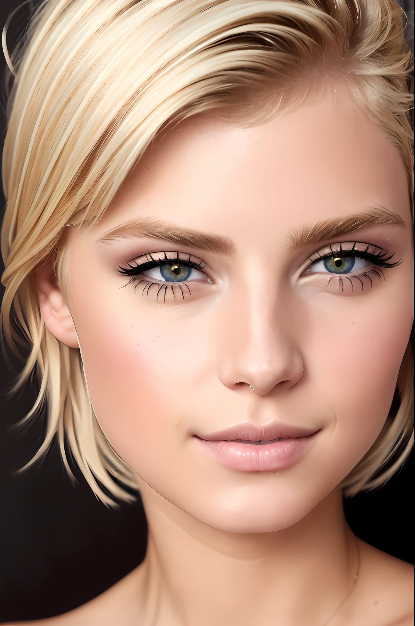 ((best quality)), ((ultra res)), ((photorealistic)), (intricate details), 19 years old, blonde hair, perfect face, make up:1.5, light on face, face detail, pixie_cut,