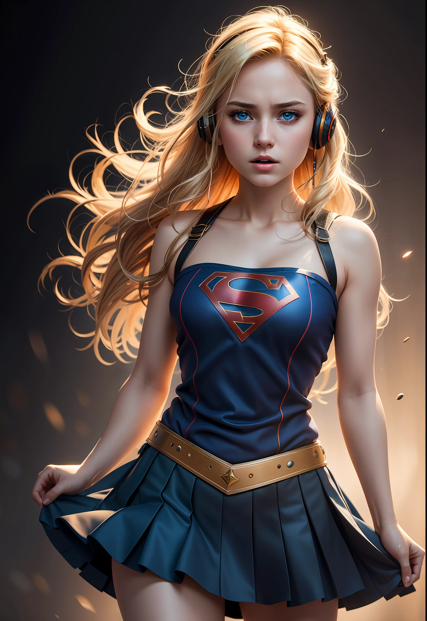 Highres, Shadows, Absurdres, best_quality, ultra_detailed, 8K, extremely_clear, Photography, Beautiful, Sharp Focus, HDR,
A cute pop singer Supergirl with blonde hair and symmetrical blue eyes holds a guitar and sings in headphones, wearing a pleated skirt, with a dynamic angle, captured in a highly detailed cowboy photo, exuding a melancholic emotion, with soft tones and a contrasting mix of light and shadow, all while emphasizing her hair,  the eyes, mouth, and action of the subject in a composition that is both pleasing to the eye and thought-provoking.