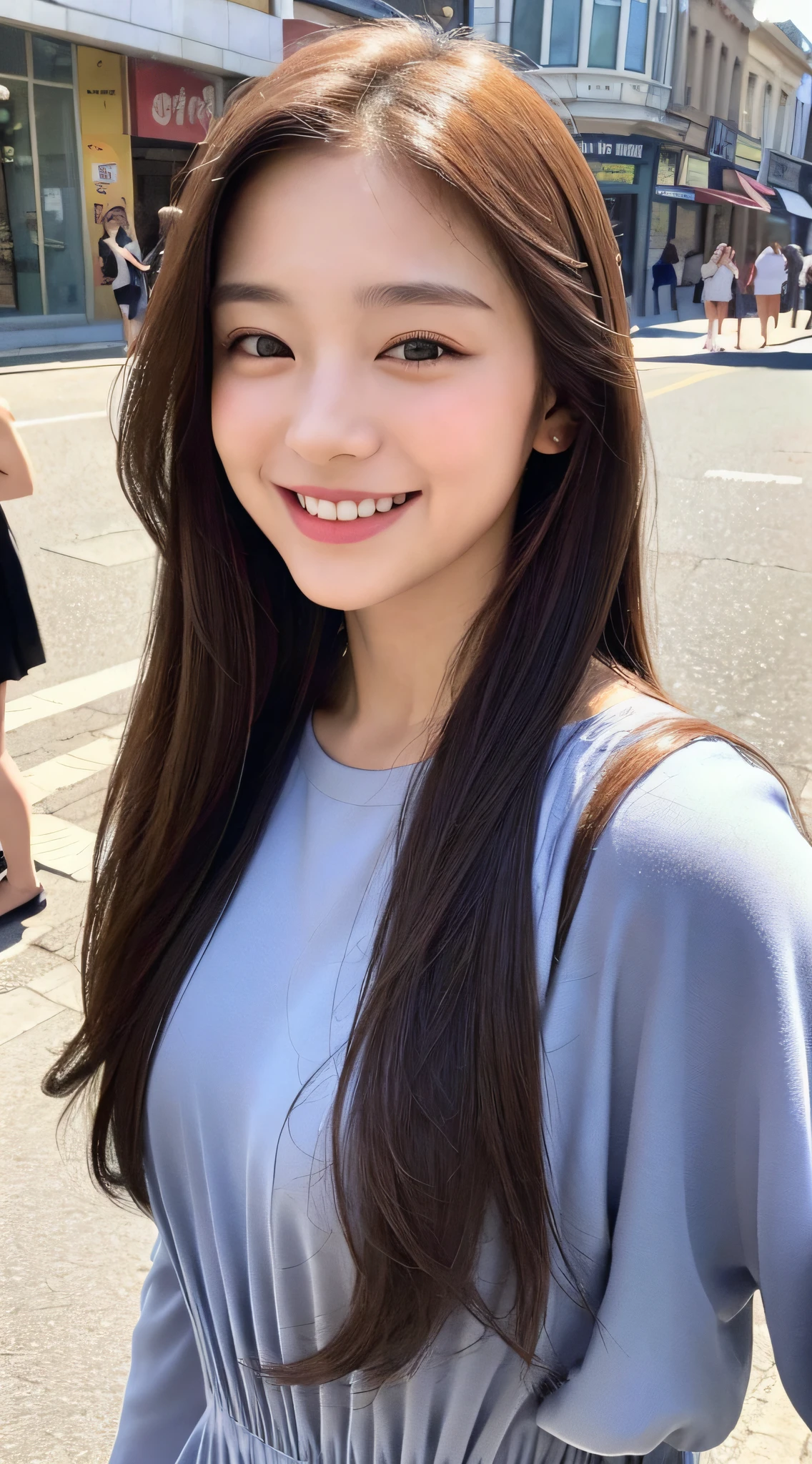 (8k quality: 1.1, masterpiece: 1.3), close-up of smiling young girl, deep double eyelids and charming eyes, detailed eyes: 1.2, long brown hair, stylish full-length dress: 1.1, lazy leaning against street corner, elegant blurred background, city street.