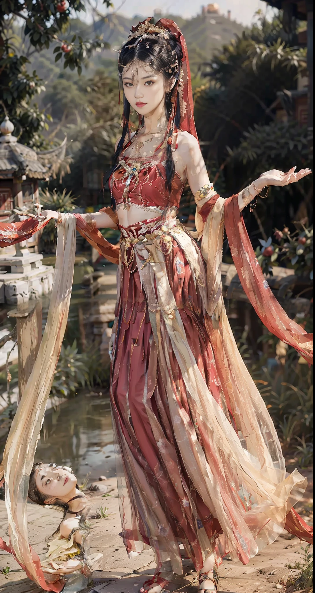 8k, fine detail, super high resolution, best quality, high definition, complex detail, large file size, amazing, SLR, extreme light and shadow, depth of field, caustics, wide angle, natural shadows, (85mm, f/1.4, ISO 200, 1/600:0.75), complex background, (complex detail: 1.12), HDR, (full body), ((Chinese palace background))), traditional Chinese ink painting, masterpiece, best quality, official art, extremely detailed CG Unity 8k wallpaper, 1 girl, solo, reality, makeup, high resolution, breasts, full body, looking at the audience, smile, bangs, bare shoulders, black hair, breasts, collarbone, cross bangs, hair between eyes, hair accessories, headbands, hanfu, long hair, bare shoulders, smile, red hanbok, belt, sky, striped ribbon, double tail, very long hair, (masterpiece: 1.4), (best quality: 1.4), ( complex background, HDR, intricate details