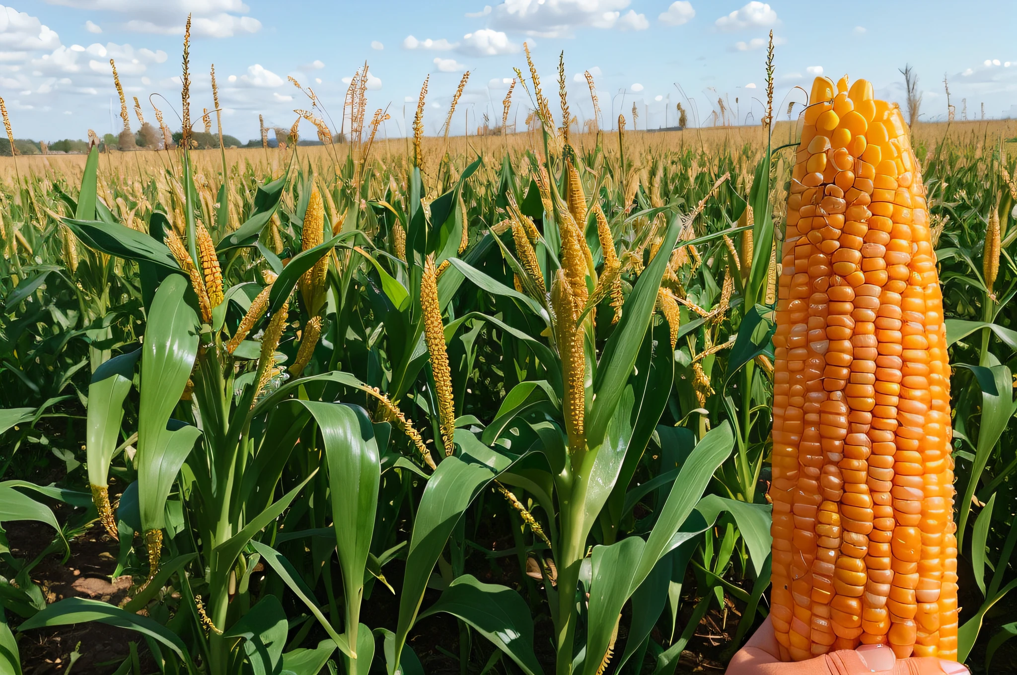 a beautiful ear of corn, perfect and without pests and in the background the field of corn cultivation