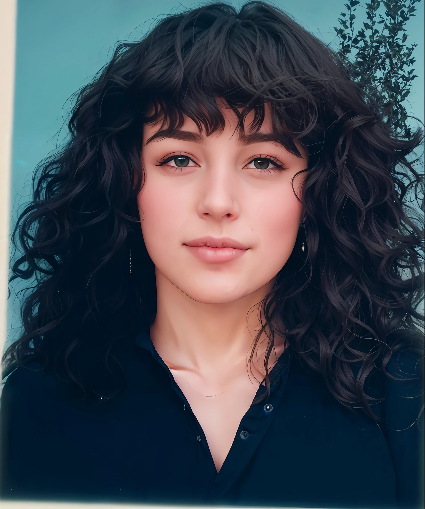a long-haired woman wearing a black shirt, around 19 years old, green eyes, slightly open mouth showing teeth, fleshy lips, aged 19, smile, beautiful, piercing look, light skin color